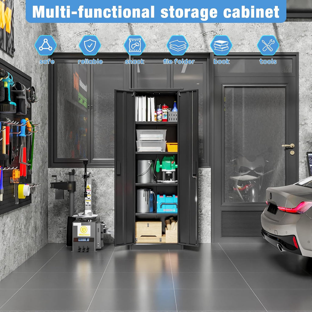 Narrow Metal Garage Storage Cabinet, Lockable Narrow Steel Storage Cabinet with 4 Adjustable Shelves for Garage, Office, Home, Assembly Required, Black, 15.75' D × 23.62' W × 70.87' H