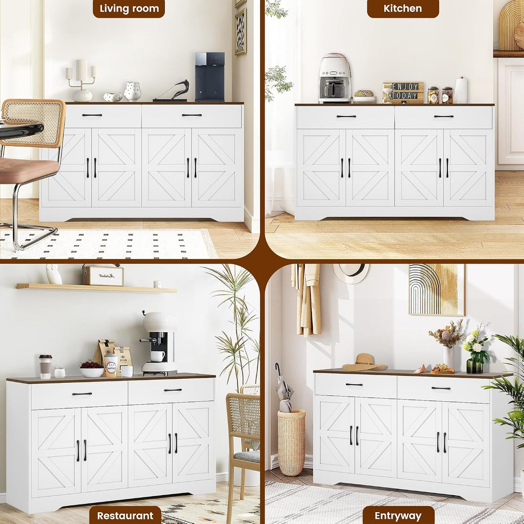 55' Sideboard Buffet Cabinet with Storage, Large Kitchen Storage Sideboard with Drawers & Doors, Modern Wood Farmhouse Coffee Bar Cabinet, Buffet Table for Kitchen, Dining Room, Living Room, White