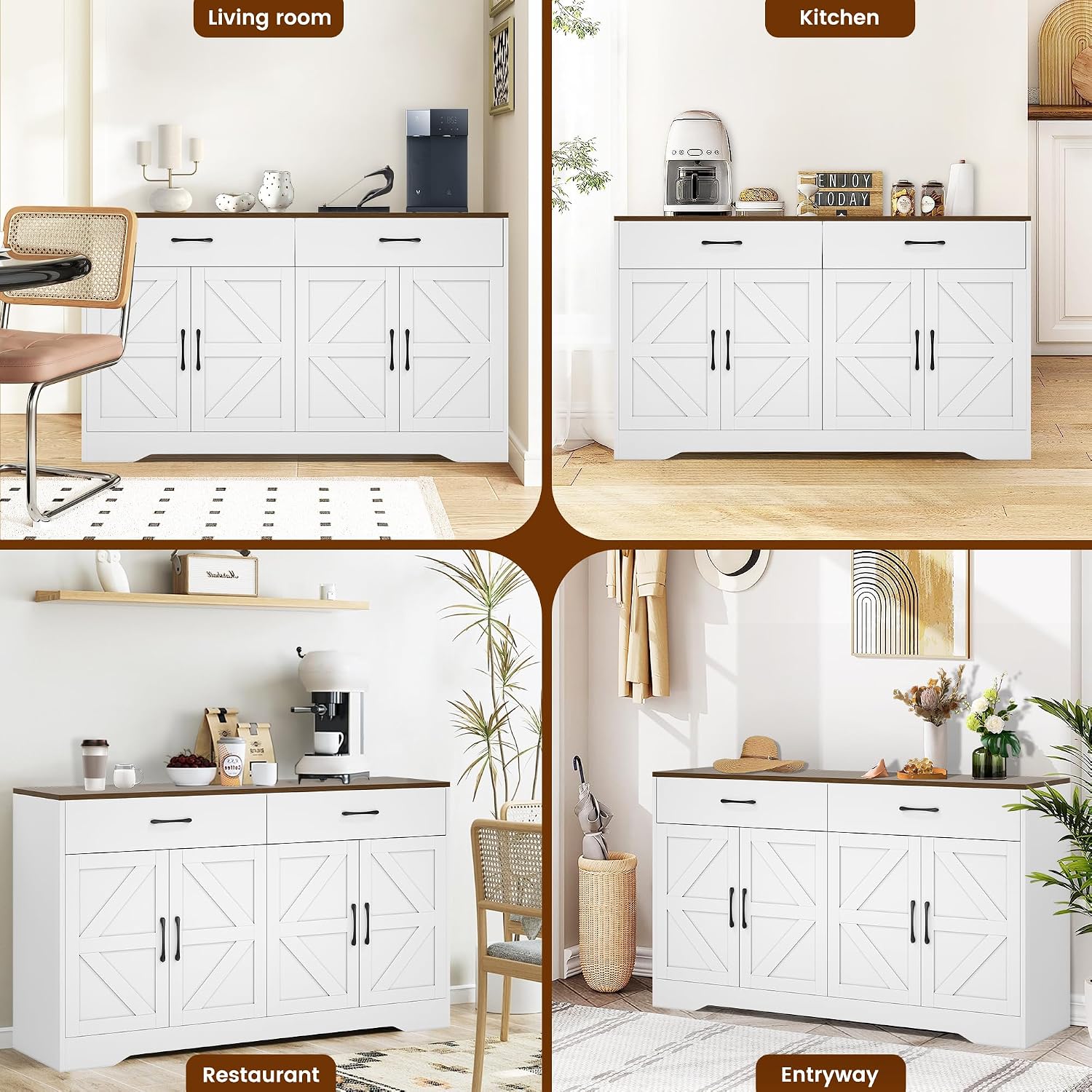 55' Sideboard Buffet Cabinet with Storage, Large Kitchen Storage Sideboard with Drawers & Doors, Modern Wood Farmhouse Coffee Bar Cabinet, Buffet Table for Kitchen, Dining Room, Living Room, White