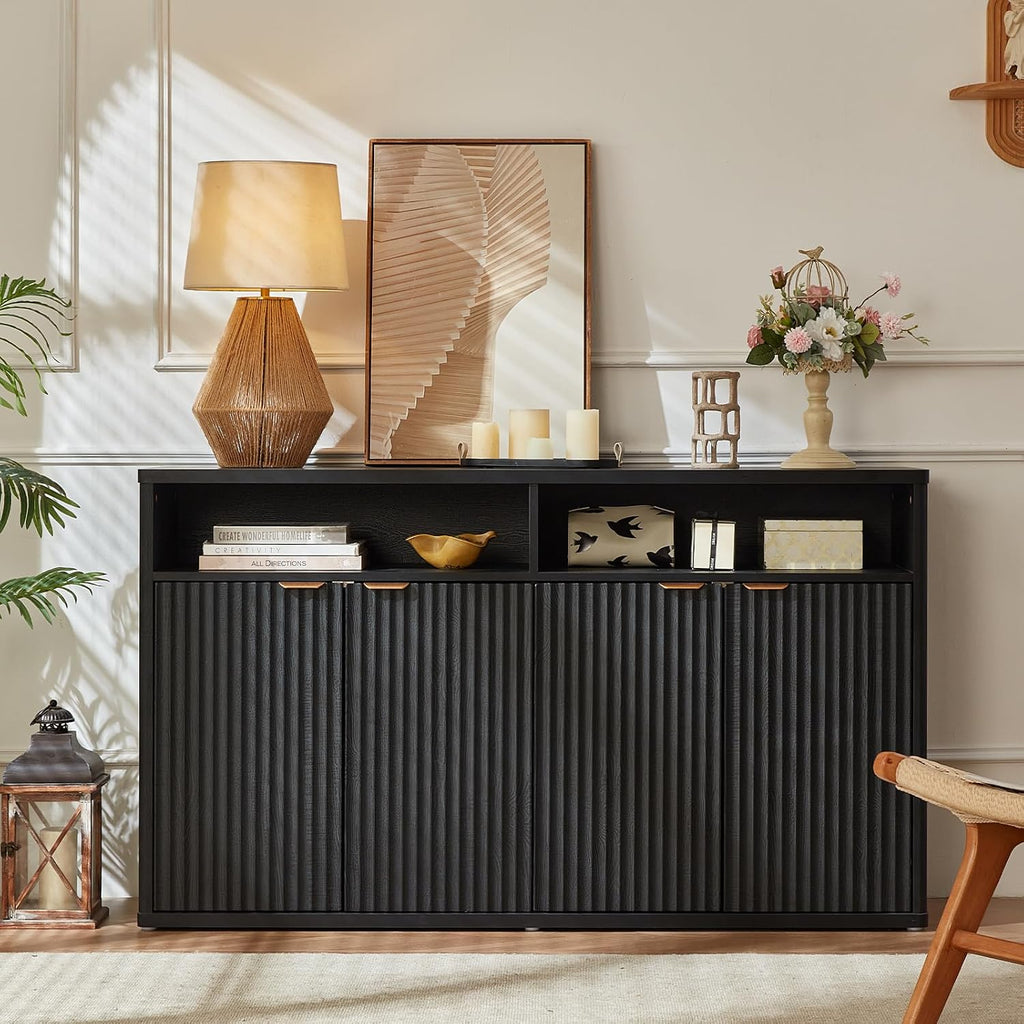 LEYAOYAO Fluted Buffet Cabinet with Storage, 55' Wide Wood Sideboard Credenza with 4 Doors & Open Storage Shelf, Modern Kitchen Console Accent Cabinets, Coffee Bar Table for Dining Room, Black Oak