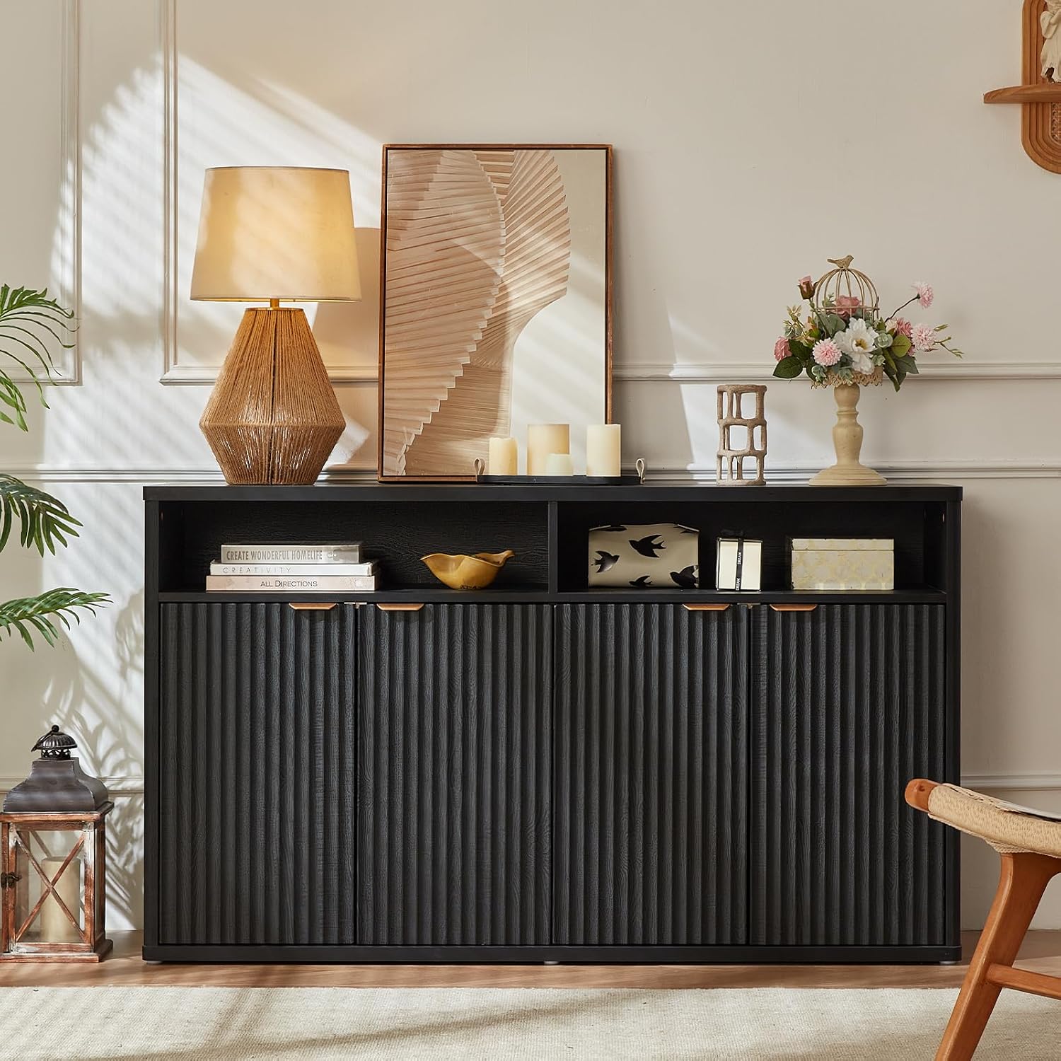 LEYAOYAO Fluted Buffet Cabinet with Storage, 55' Wide Wood Sideboard Credenza with 4 Doors & Open Storage Shelf, Modern Kitchen Console Accent Cabinets, Coffee Bar Table for Dining Room, Black Oak