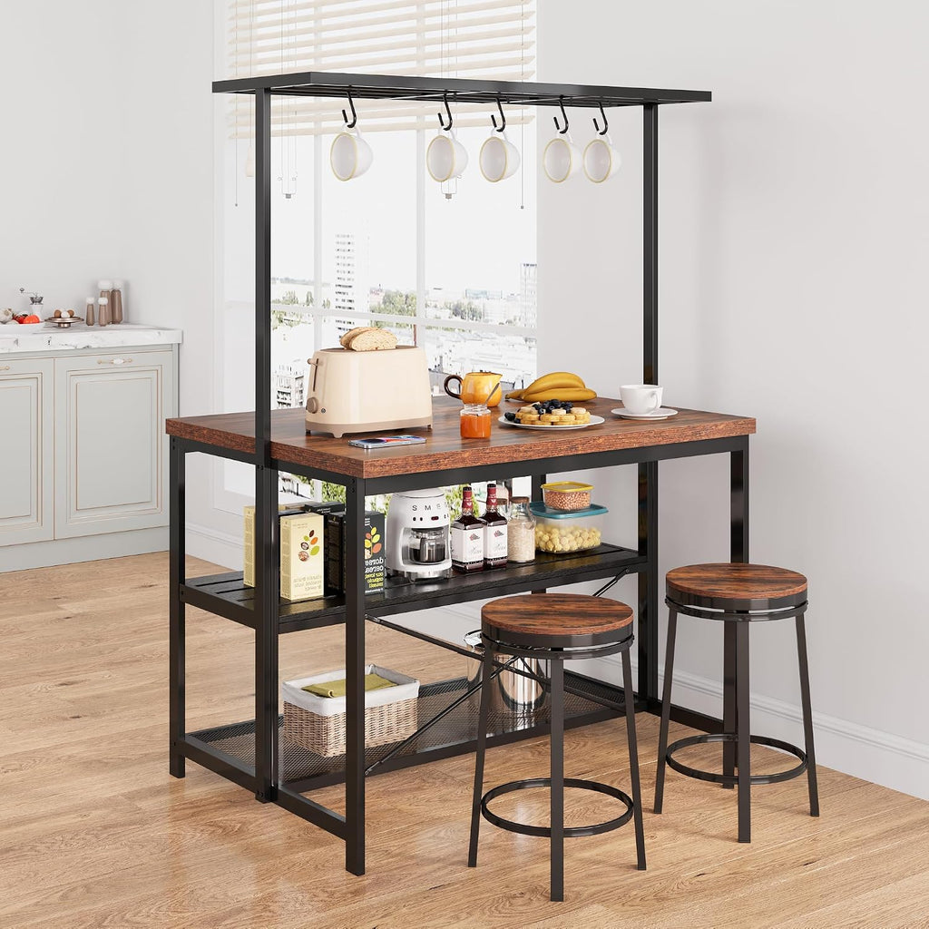CABIHOME 42' Kitchen Island with Storage & Seating - 3-Tier Bakers Rack, Microwave Stand, Dining Table for 4, 5 Hooks & 50lb Capacity, Multi-Functional Island for Small Kitchens (Brown)