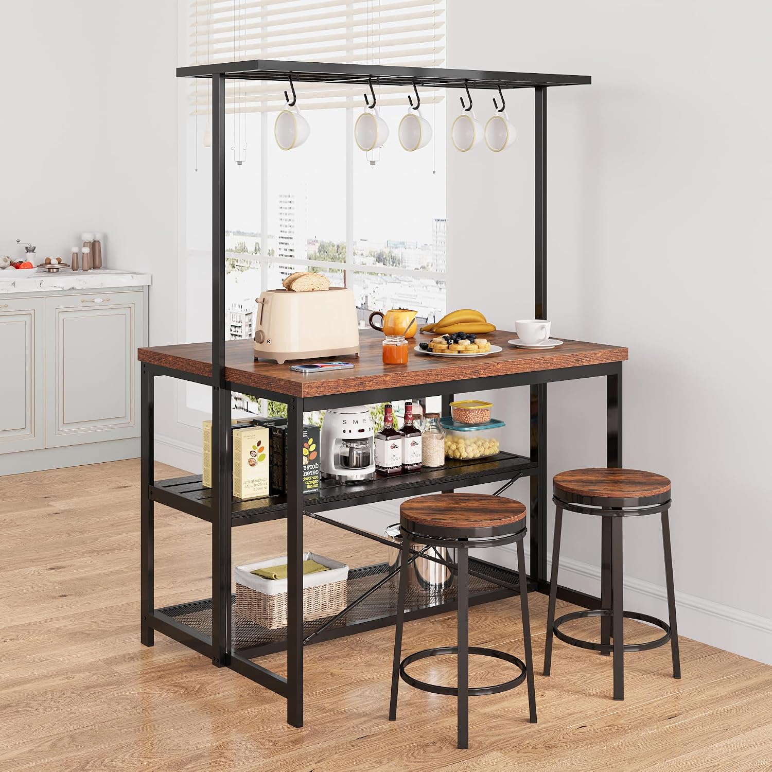 CABIHOME 42' Kitchen Island with Storage & Seating - 3-Tier Bakers Rack, Microwave Stand, Dining Table for 4, 5 Hooks & 50lb Capacity, Multi-Functional Island for Small Kitchens (Brown)