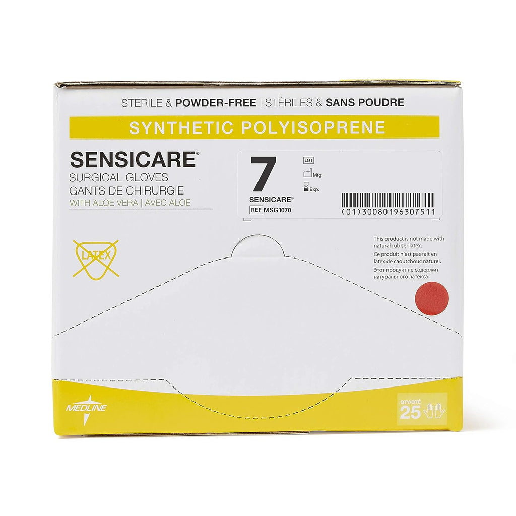 Medline SensiCare Surgical Gloves with Aloe Vera, Powder-Free, Sterile, Size 7, White (Pack of 100)