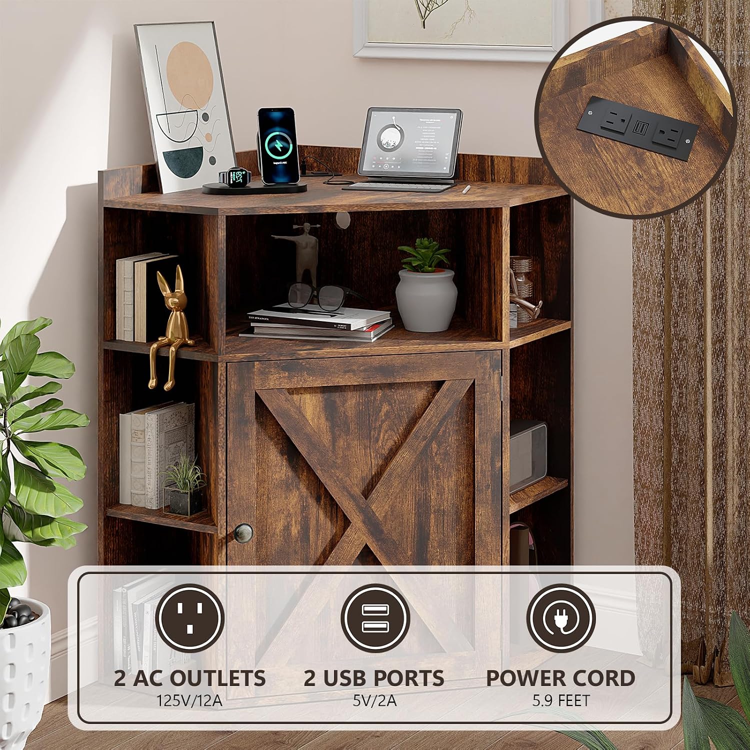 Vabches Corner Cabinet, Corner Storage Shelf with USB Ports and Outlets Industrial Organizer for Small Space Wooden 6-Cubby Bookshelf for Study, Playroom, Living Room (Amber Pine)