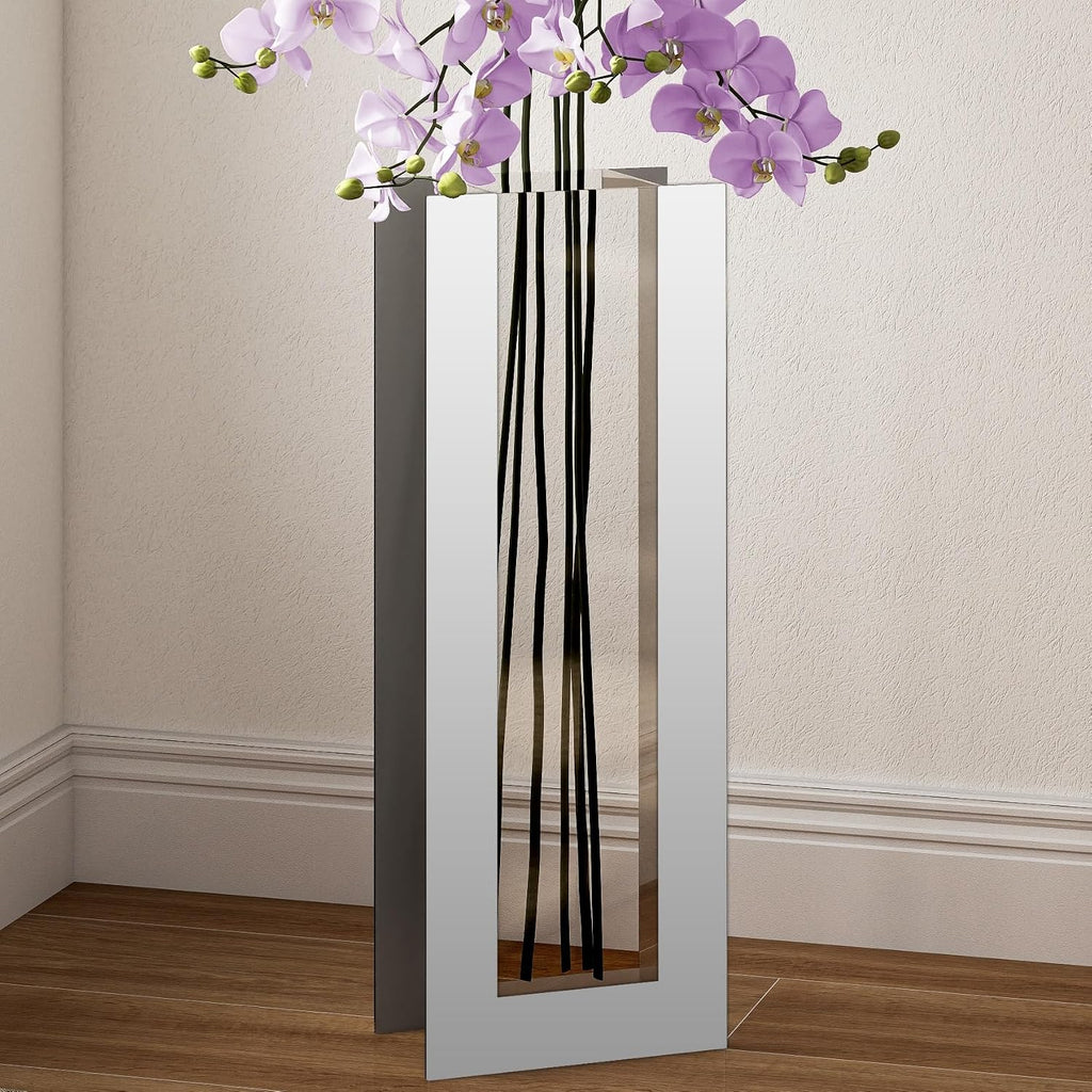 Large Floor Vase, 23.74' Tall Mirrored Vase Glass for Floor Silver Rectangular Decorative Vases Modern for Luxury Living Room Hallway Corner Decor