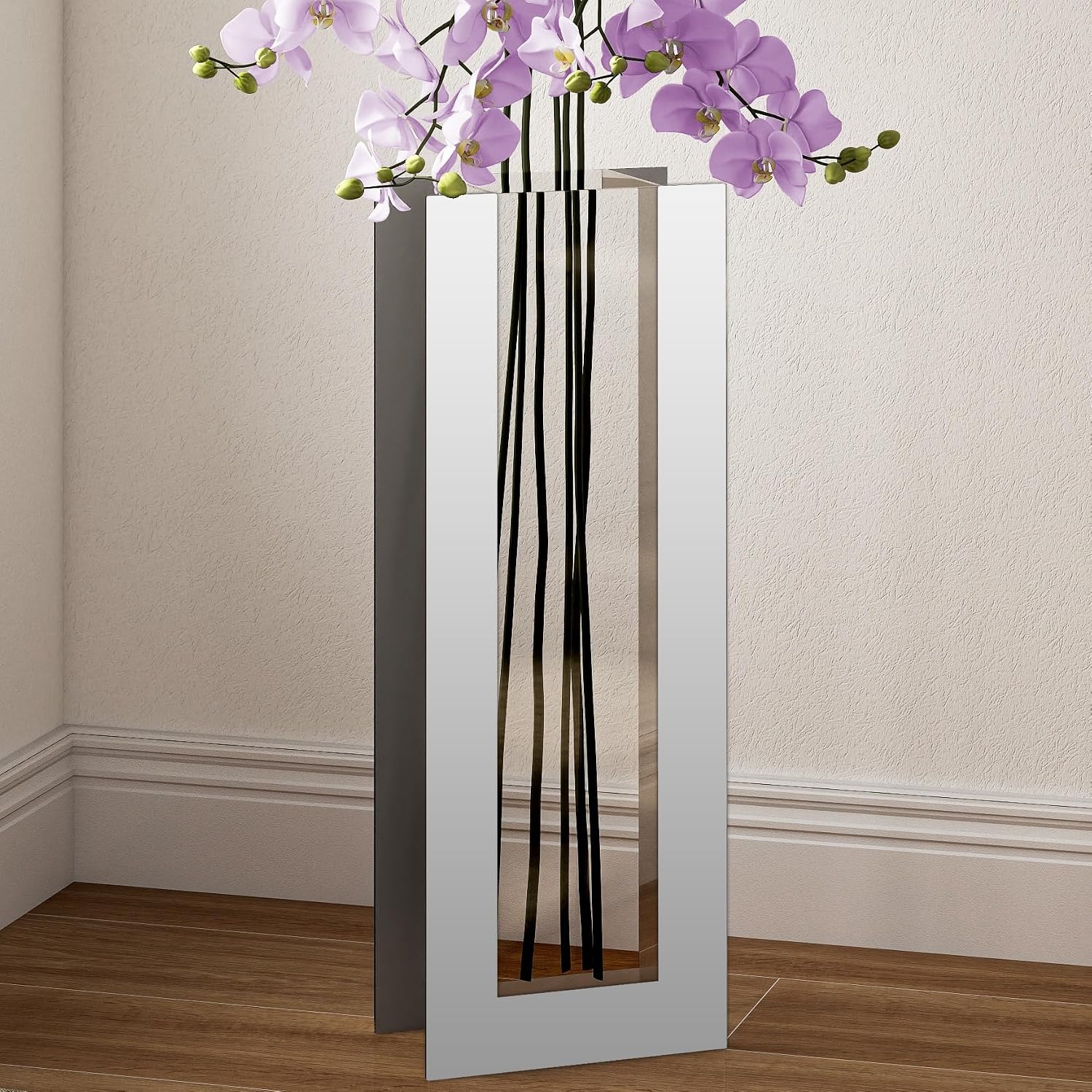 Large Floor Vase, 23.74' Tall Mirrored Vase Glass for Floor Silver Rectangular Decorative Vases Modern for Luxury Living Room Hallway Corner Decor