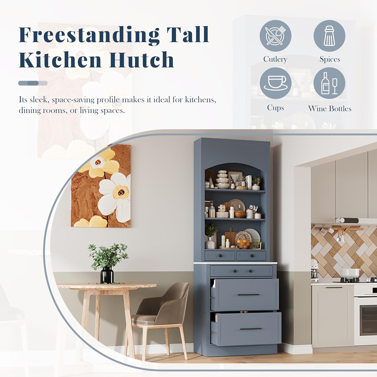 84' Freestanding Storage Cabinet with 5 Drawers, Kitchen Storage Bakers Rack with Faux Marble Top, Utility Food Cupboard with Adjustable Shelf for Kitchen Dining Room, Gray