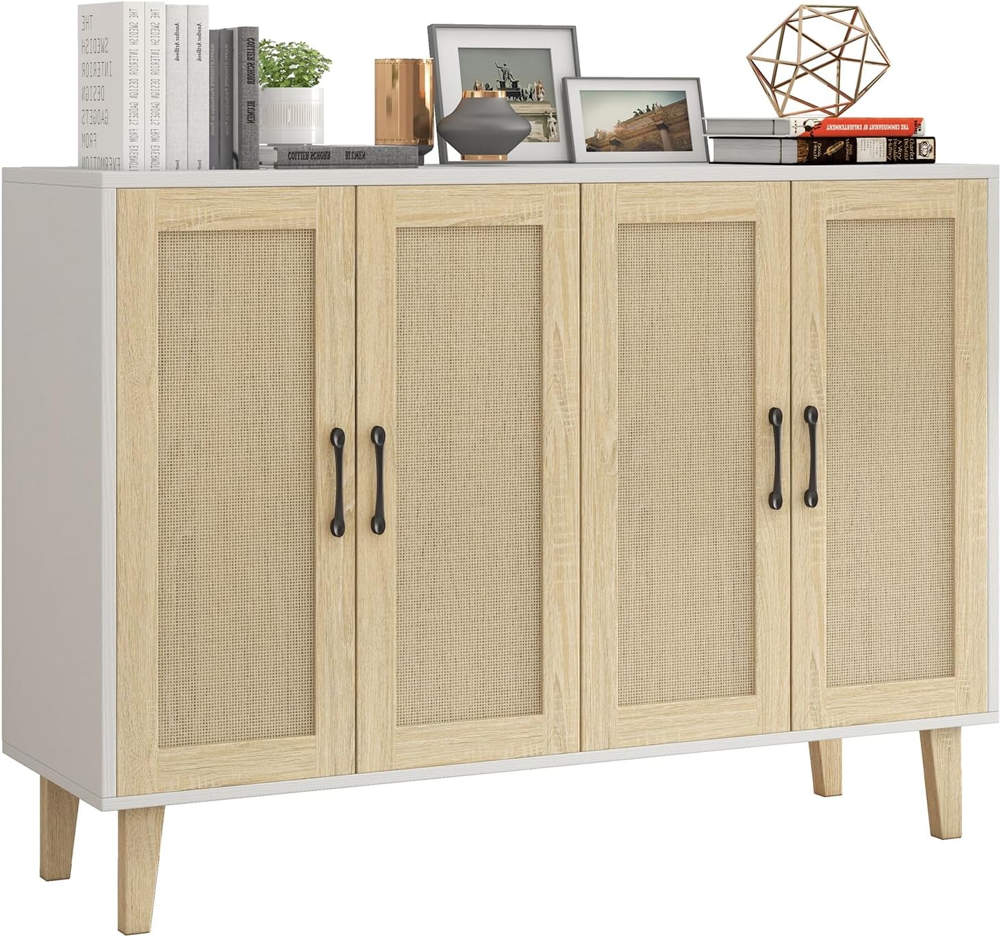 Panana Buffet Storage Cabinet with Rattan Decorating 4 Doors Living Room Kitchen Sideboard 48.43 x 34.65 x 15 inch (White)
