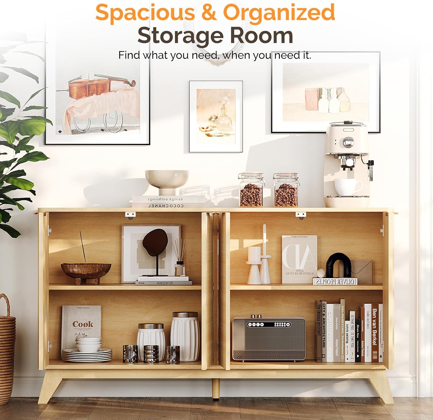VINGLI 55' Buffet Cabinet with Storage, Fluted 4 Doors Sideboard Cabinet with Adjustable Shelves, Modern Storage Cabinet with Doors for Kitchen, Dining Room & Living Room, Natural Oak