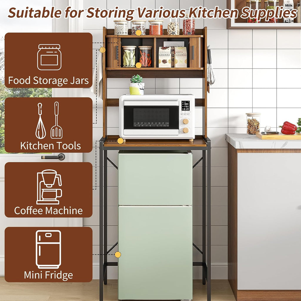Mini Fridge Stand with Sliding Doors Storage, Microwave Stand and Baker's Rack with 6 Hooks, 4-Tier Mini Fridge Cabinet for Dorm, Home, Office, Kitchen, Walnut Wood