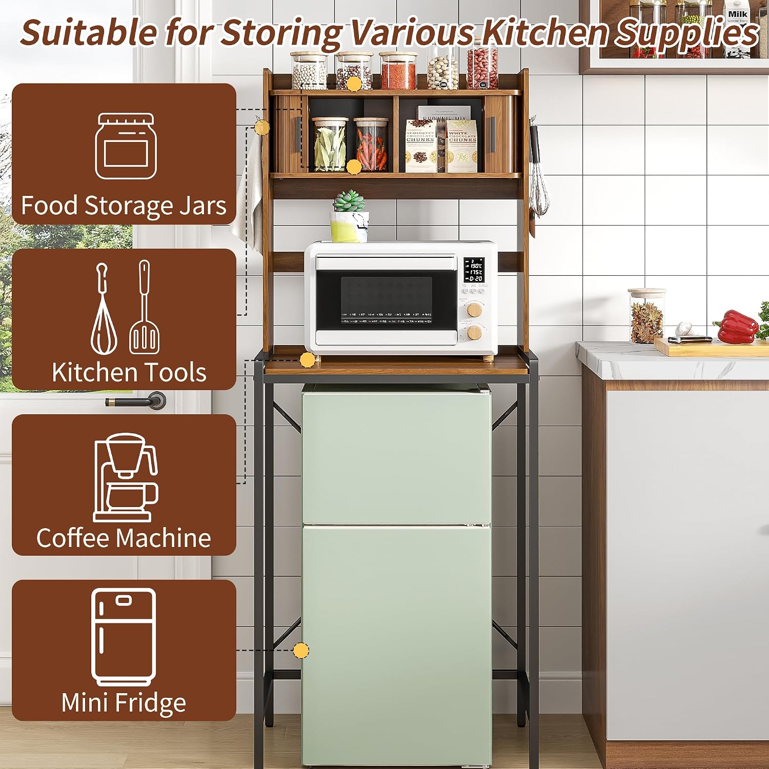 Mini Fridge Stand with Sliding Doors Storage, Microwave Stand and Baker's Rack with 6 Hooks, 4-Tier Mini Fridge Cabinet for Dorm, Home, Office, Kitchen, Walnut Wood