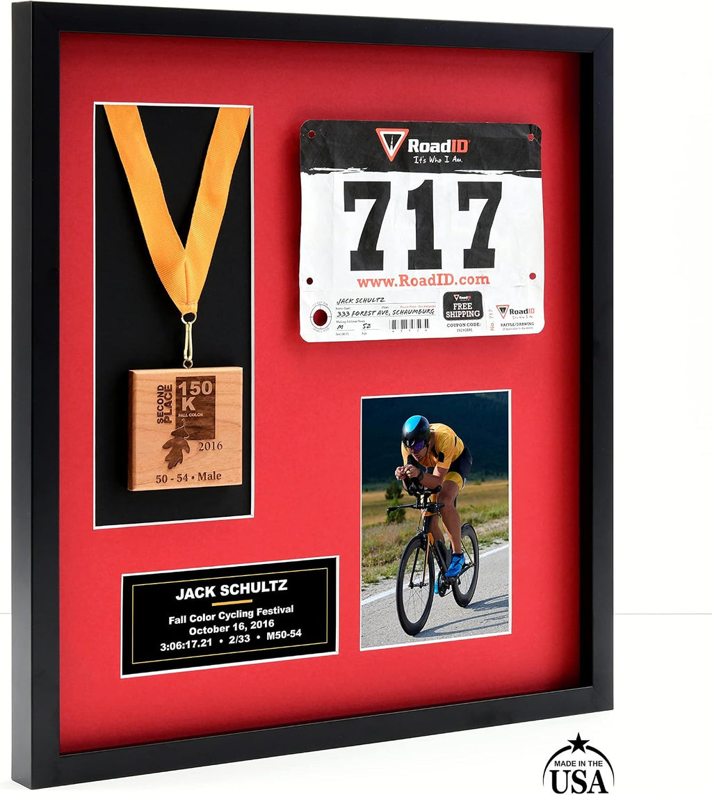 Runners/Sports Pro Display Frame for Medal Award, Racing Bib/Other, Photo & Printed Graphic Info Insert for Marathon Event, 10K, 5K, Triathlon, Biking, Swimming & Other Sport, Academic, Artistic, etc. Achievements (Red Mat)