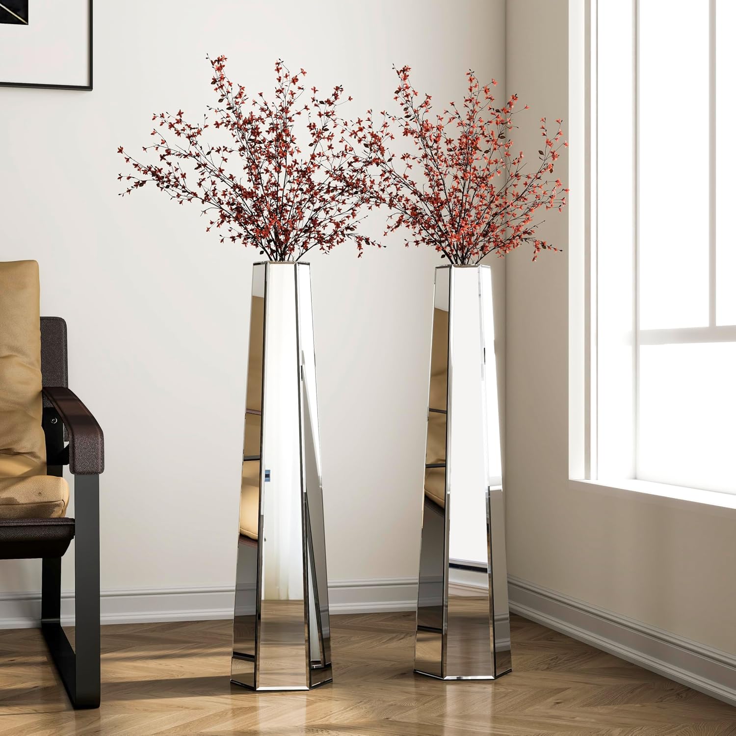 SHYFOY 30 inch Tall Mirror Floor Vase, Silver Large Vases for Decor Living Room Floor, Sophisticated Vessel for Decorative Branches and Dried Flowers (2 Pack)