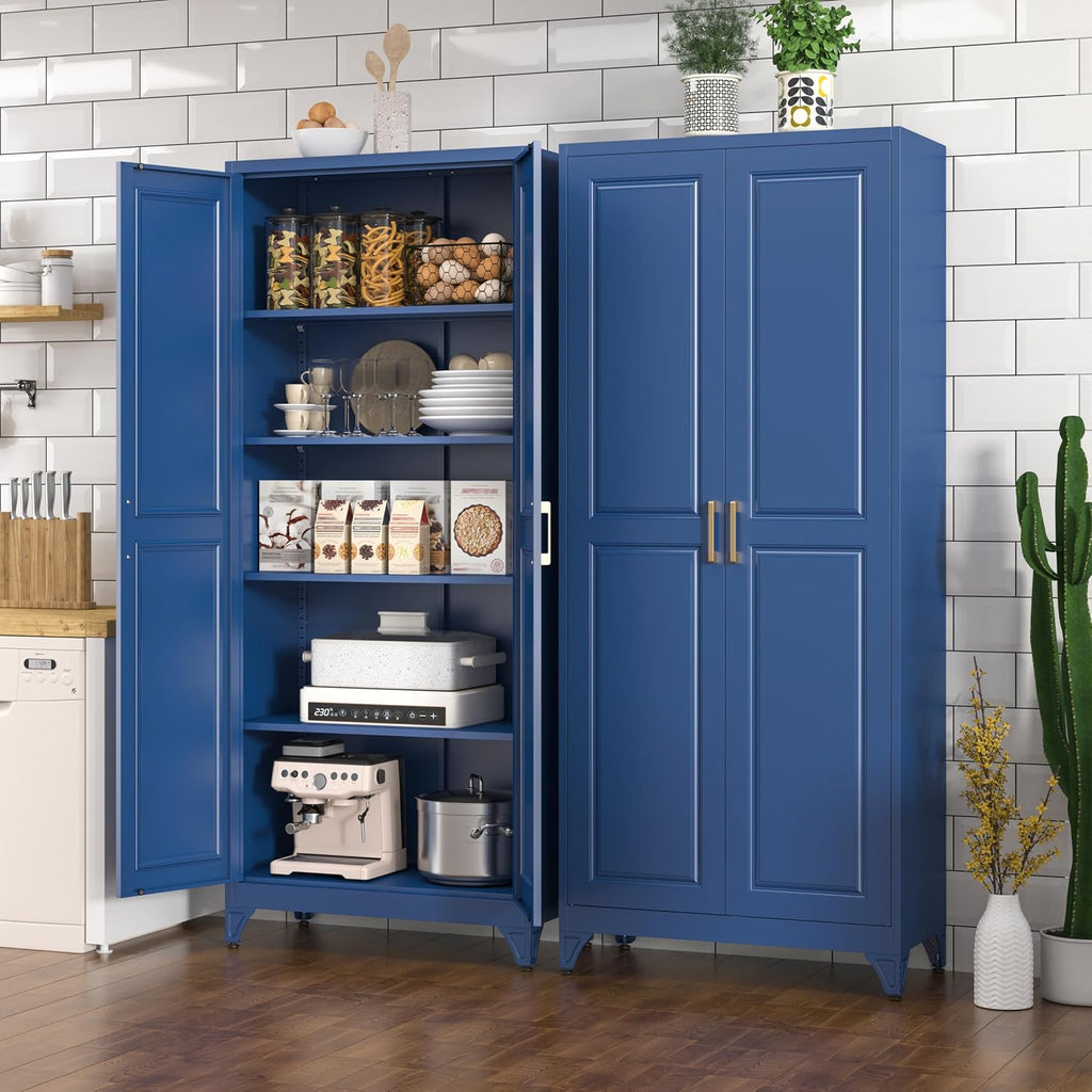 Polup Metal Storage Cabinet,75' Tall Kitchen Pantry Storage Cabinet with Doors and Adjustable Shelves, Blue Metal Pantry Cabinets, Large Cupboard for Kitchen, Dining Living Room, Bathroom, Office