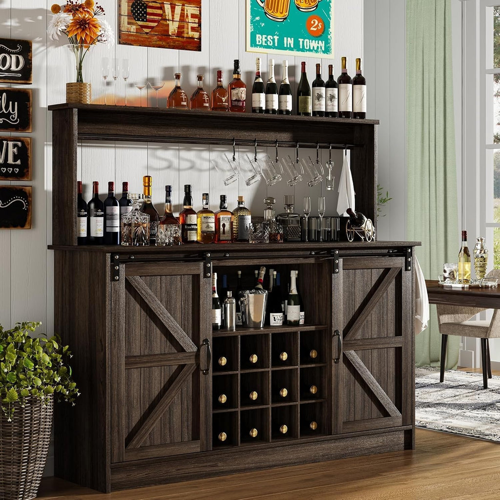 4ever2buy Farmhouse Coffee Bar Cabinet with 8 Hooks, 55' Kitchen Hutch Cabinet with Storage, Gray Coffee Bar with Sliding Barn Doors and 12 Racks for Living Dining Room, Dark Oak