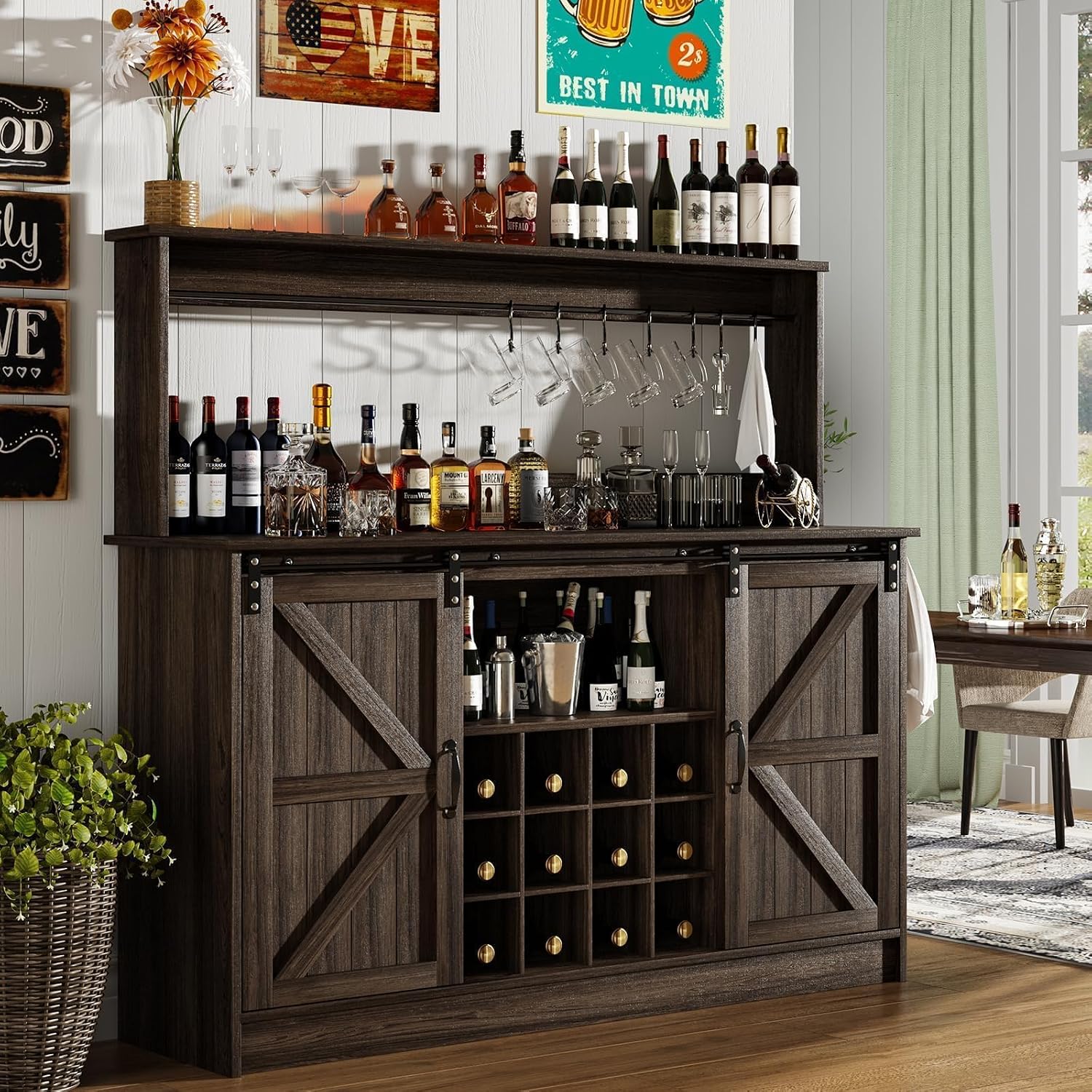 4ever2buy Farmhouse Coffee Bar Cabinet with 8 Hooks, 55' Kitchen Hutch Cabinet with Storage, Gray Coffee Bar with Sliding Barn Doors and 12 Racks for Living Dining Room, Dark Oak