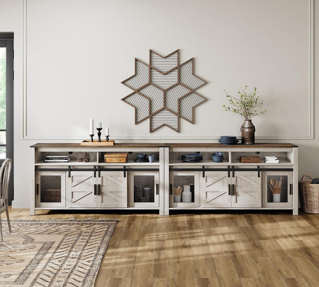 WAMPAT Farmhouse Buffet Cabinet, Rustic Sideboard with Sliding Barn Doors, 59' Coffee Bar Storage Cabinet with Mesh Doors, Cupboard Table for Kitchen, Dining Room, Living Room，Rustic Oak and White