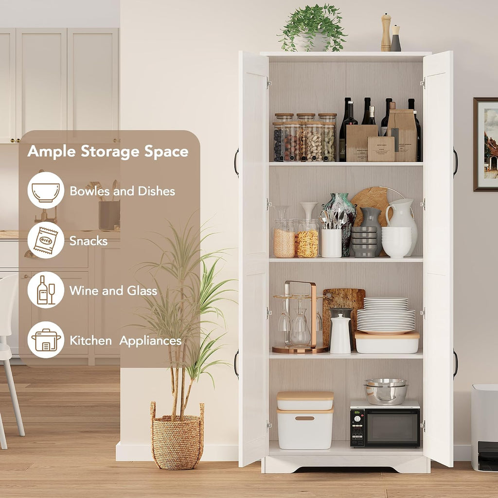 IDEALHOUSE Tall Pantry Cabinet, 60' Kitchen Pantry Storage Cabinet with 2 Doors and Adjustable Shelves, Freestanding Kitchen Cabinet, Cupboard for Dining Room, Bathroom (White)