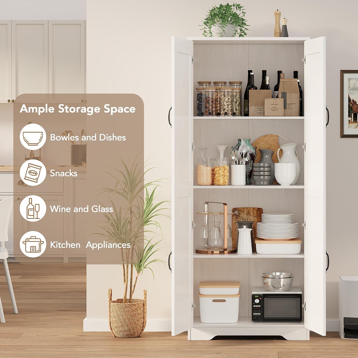 IDEALHOUSE Tall Pantry Cabinet, 60' Kitchen Pantry Storage Cabinet with 2 Doors and Adjustable Shelves, Freestanding Kitchen Cabinet, Cupboard for Dining Room, Bathroom (White)