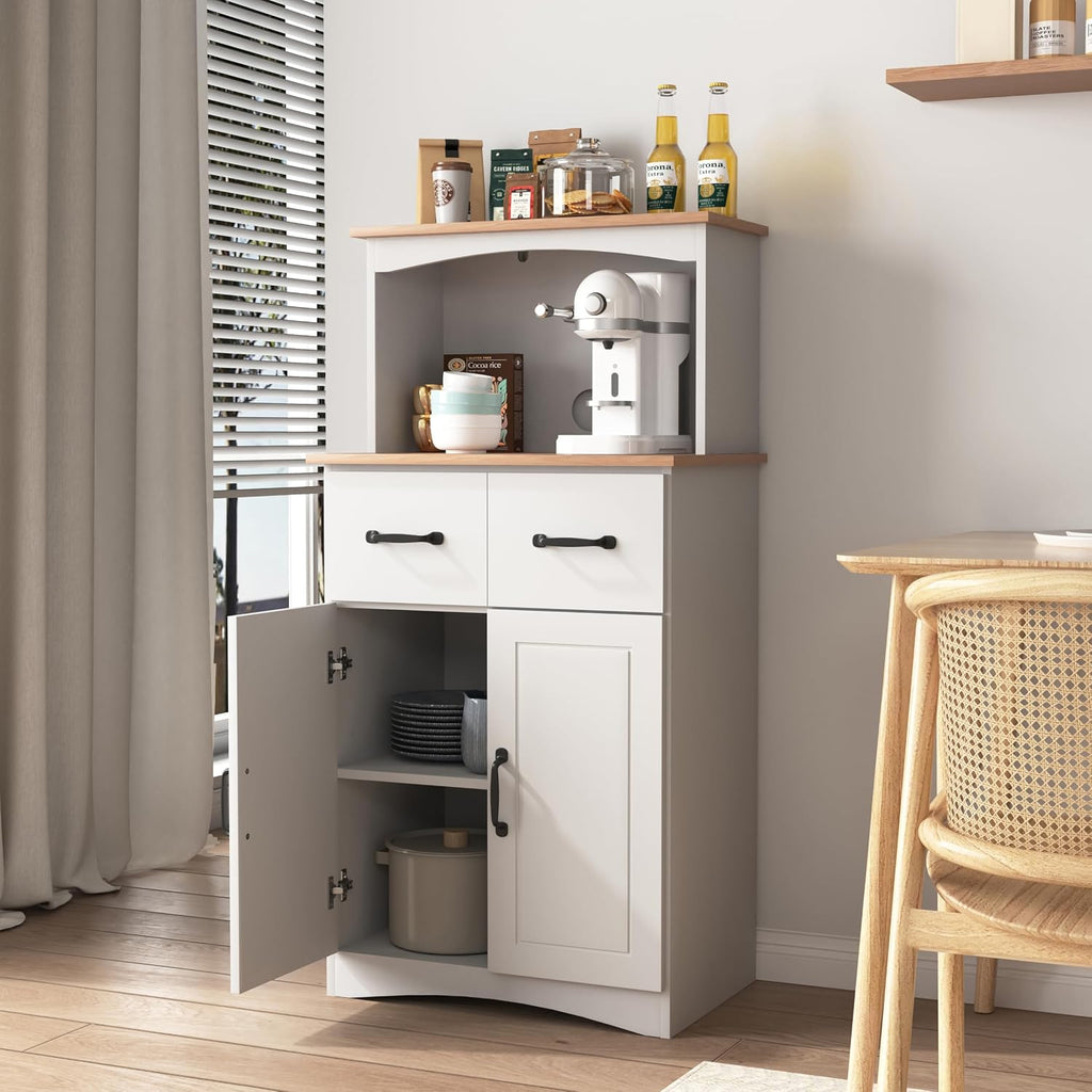 Kitchen Pantry Storage Cabinet Bar Cabinet Cupboard with Storage Drawers and Adjustable Shelf, Microwave Cabinet with Open Space for Kitchen Dining Room Living Room, White