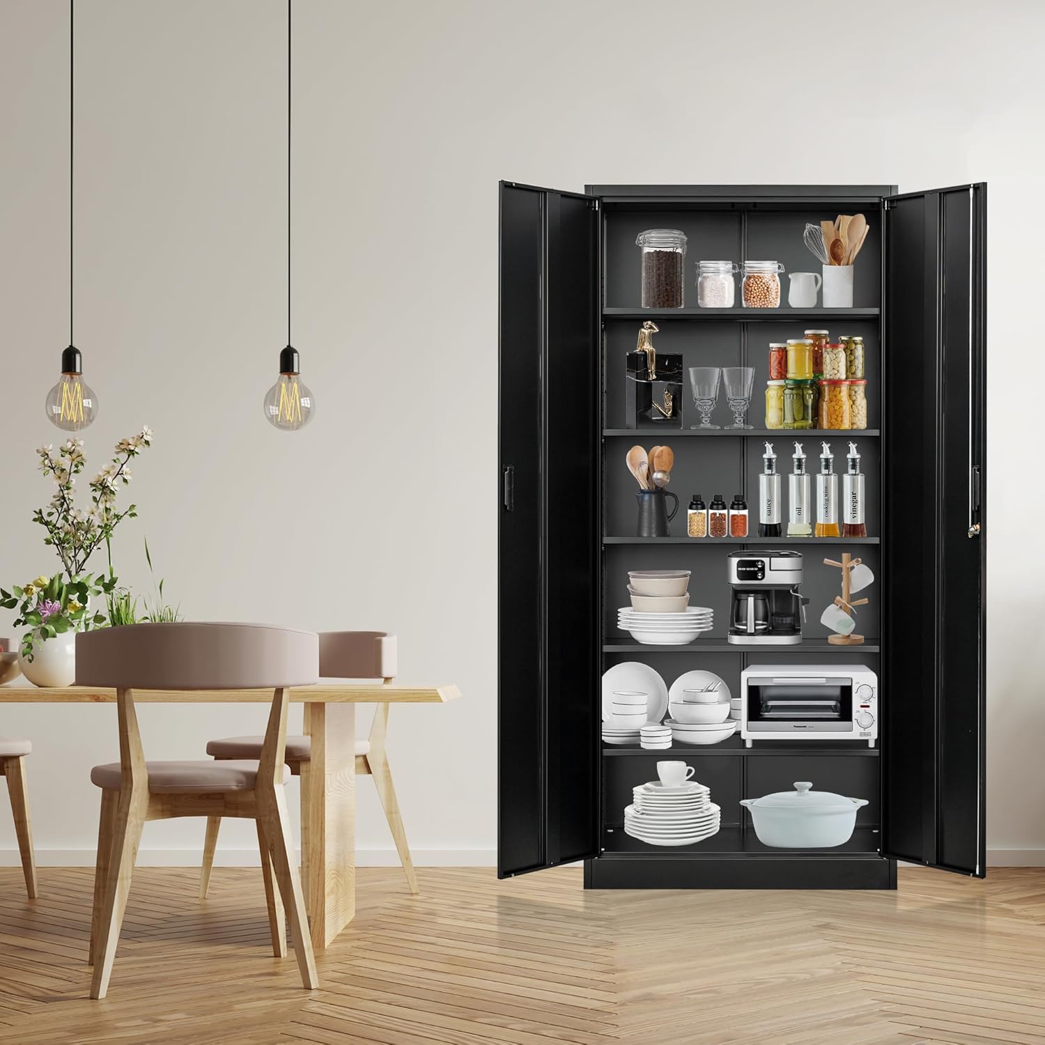 Wanfu Metal Storage Cabinet, 71'H Metal Garage Cabinet with 5 Adjustable Shelves, Locking Storage Cabinets for Garage, Home, Office, Pantry(Black)