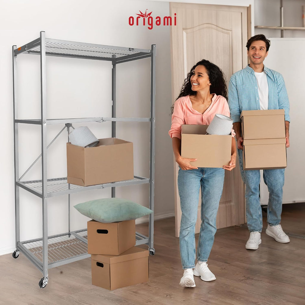 Origami 4 Tier Folding Storage Rack Unit w/Set of 4 Magnetic Wire Shelf Liners