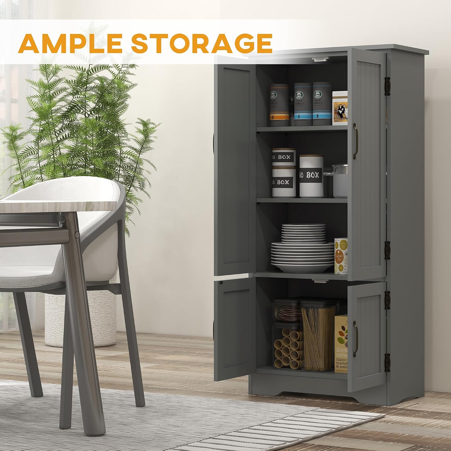 HOMCOM 48.5' Kitchen Pantry Cabinet with 2 Adjustable Shelves and 4 Beadboard Doors, Compact Farmhouse Kitchen Storage Cabinet for Dining Room, Gray