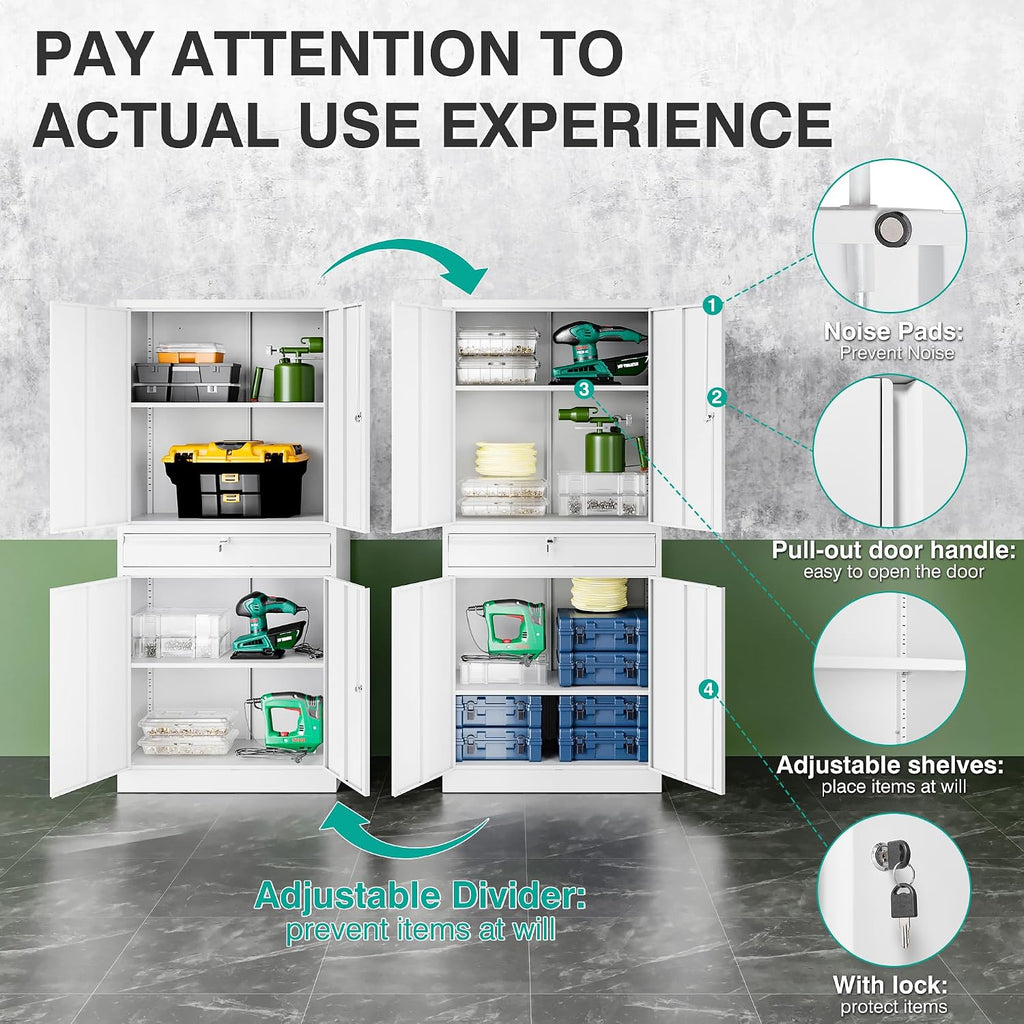 SISESOL White Metal Storage Cabinet with Drawer and Locks,Garage Storage Cabinet with Locking Doors and Adjustable Shelves,71' Tall Large Metal Cabinets with Magnetic Door for Home,Office,Garage