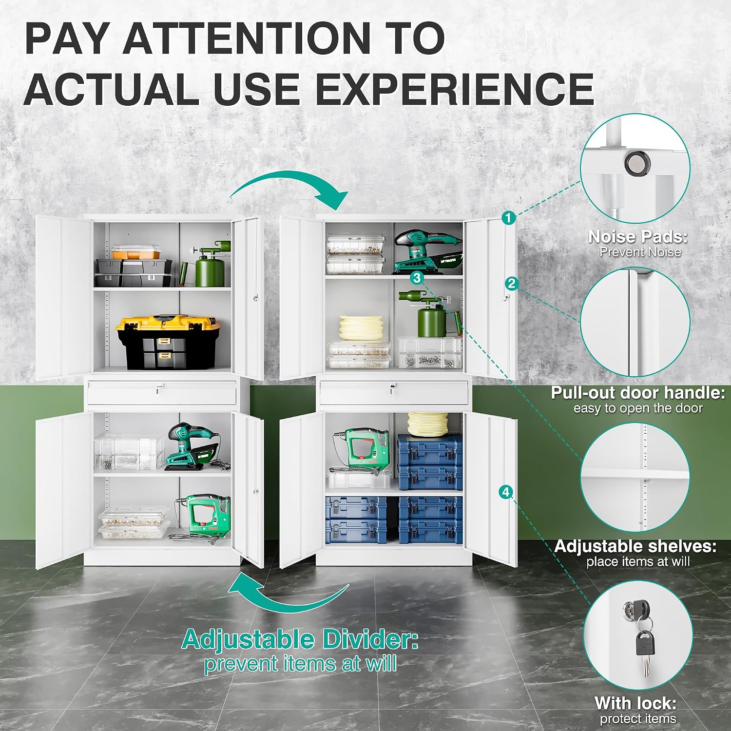 SISESOL White Metal Storage Cabinet with Drawer and Locks,Garage Storage Cabinet with Locking Doors and Adjustable Shelves,71' Tall Large Metal Cabinets with Magnetic Door for Home,Office,Garage
