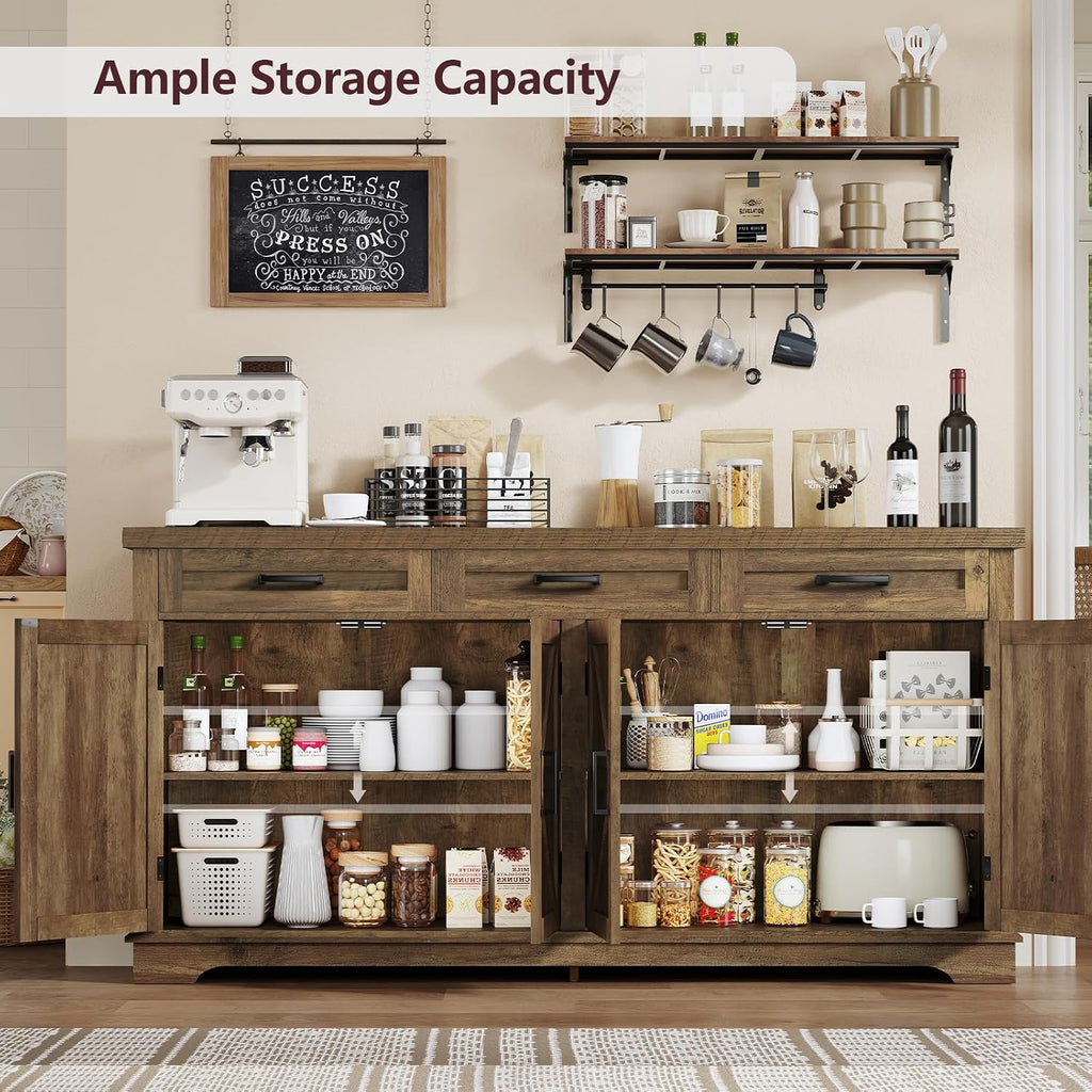 usikey 61' Large Buffet Cabinet with 4 Doors and 3 Drawers, Farmhouse Buffet Sideboard Cabinet with Storage, Coffee Bar Wine Bar for Living Room, Honey Brown