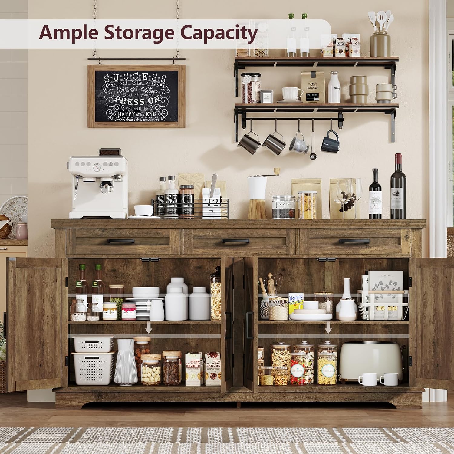 usikey 61' Large Buffet Cabinet with 4 Doors and 3 Drawers, Farmhouse Buffet Sideboard Cabinet with Storage, Coffee Bar Wine Bar for Living Room, Honey Brown