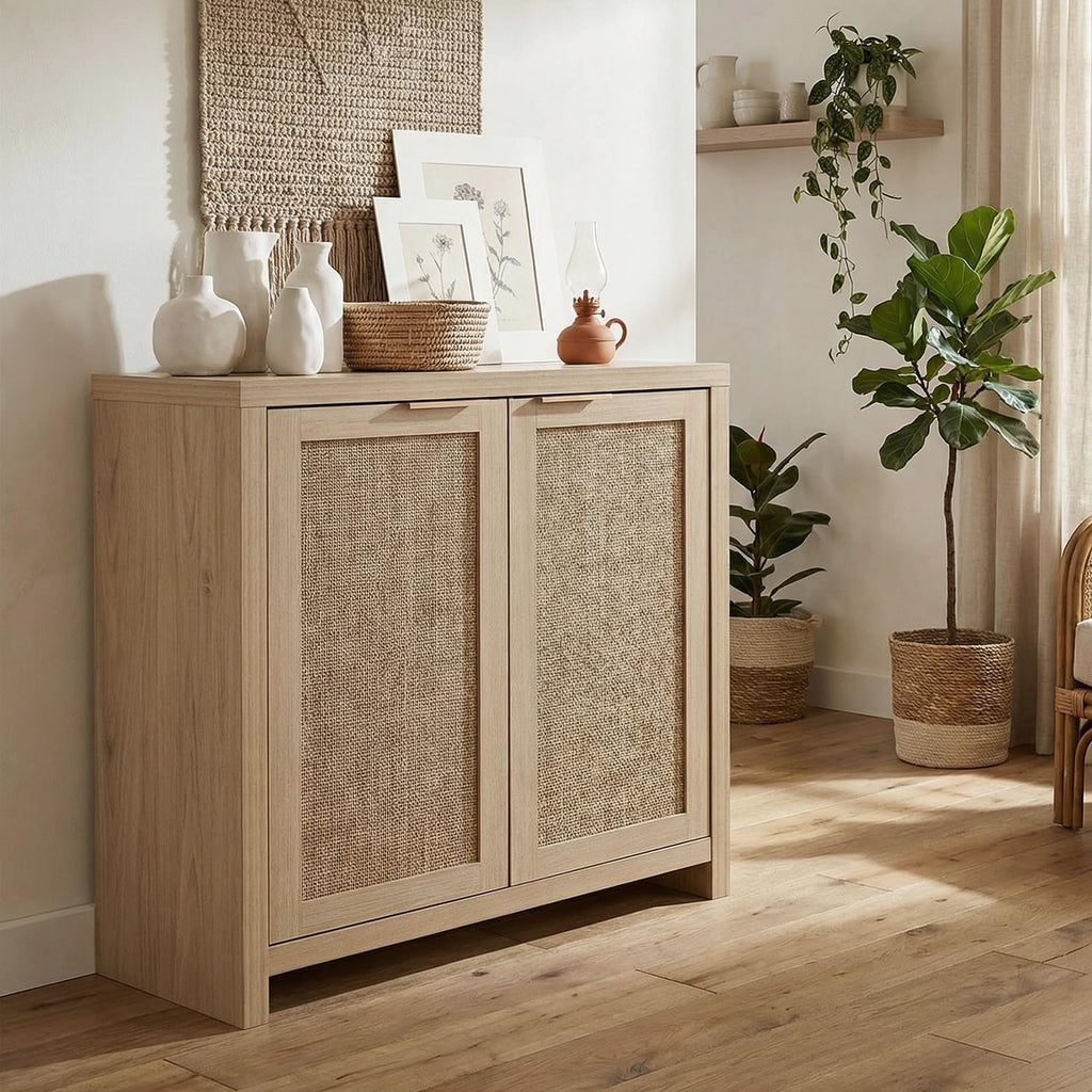 OAKHAM HOME Rattan Sideboard Buffet Cabinet with Storage, Boho Farmhouse Credenza with Adjustable Shelves, Decorative Coffee Bar Cabinet for Kitchen, Living Room & Entryway Organization, Light Oak