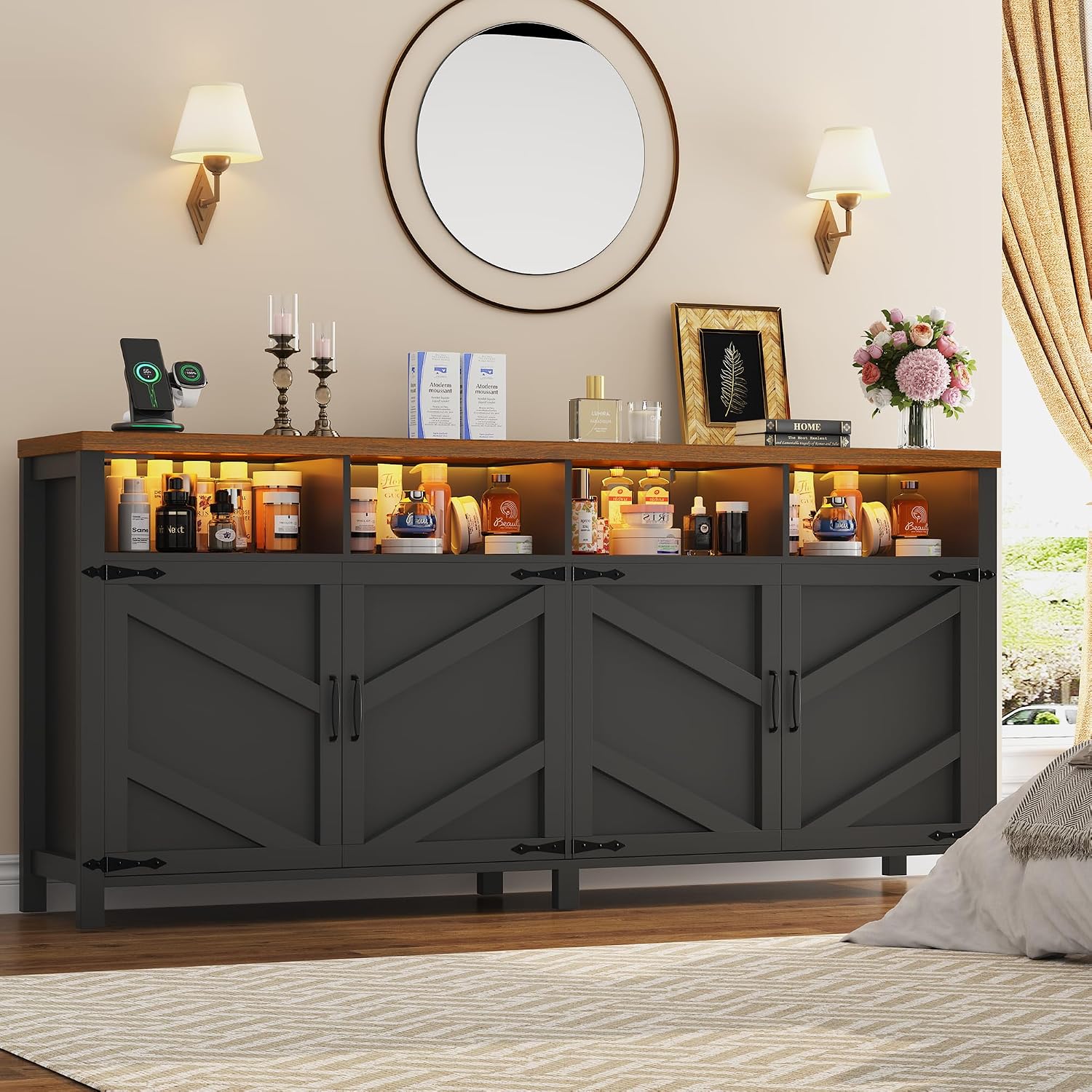 knoworld 63'' Buffet Sideboard with Storage with Power Outlets & LED Light 4 Doors, Large Farmhouse Kitchen Storage Cabinet Wood Coffee Bar Cabinet Buffet Table for Kitchen, Dining Room, Entryway