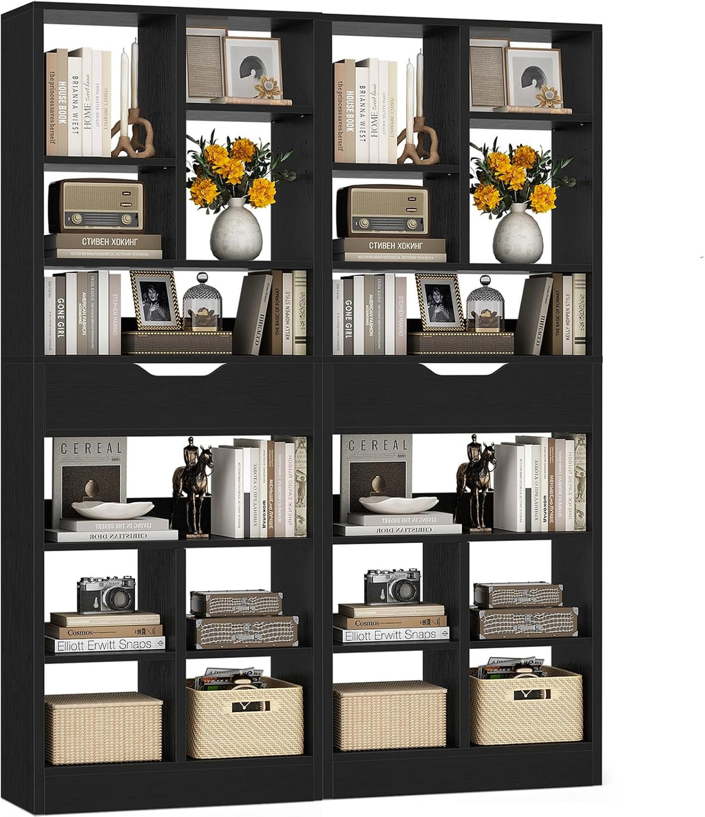 Armocity 16-Tier Tall Bookshelf Set of 2, 73.6' Narrow Freestanding Bookcase with 2 Drawers, Space-Saving Wood Display Shelves Storage for Living Room, Home Office Bedroom, Black
