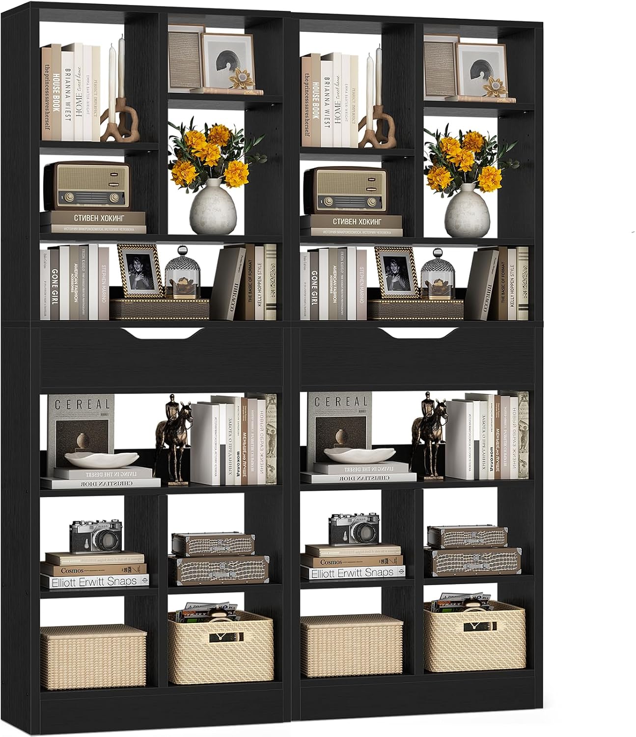 Armocity 16-Tier Tall Bookshelf Set of 2, 73.6' Narrow Freestanding Bookcase with 2 Drawers, Space-Saving Wood Display Shelves Storage for Living Room, Home Office Bedroom, Black