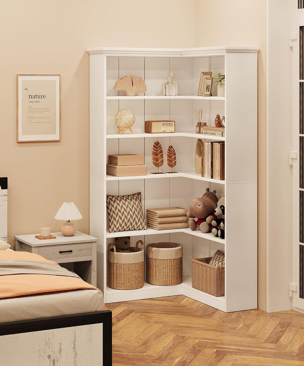 IDEALHOUSE Corner Bookshelf 72.8in Farmhouse Bookcase Large Bookshelves Wood Bookcase Tall 5 Tier Corner Shelf L Shaped Bookshelf Storage Display Rack Living Room Bedroom (White, Full Panel)