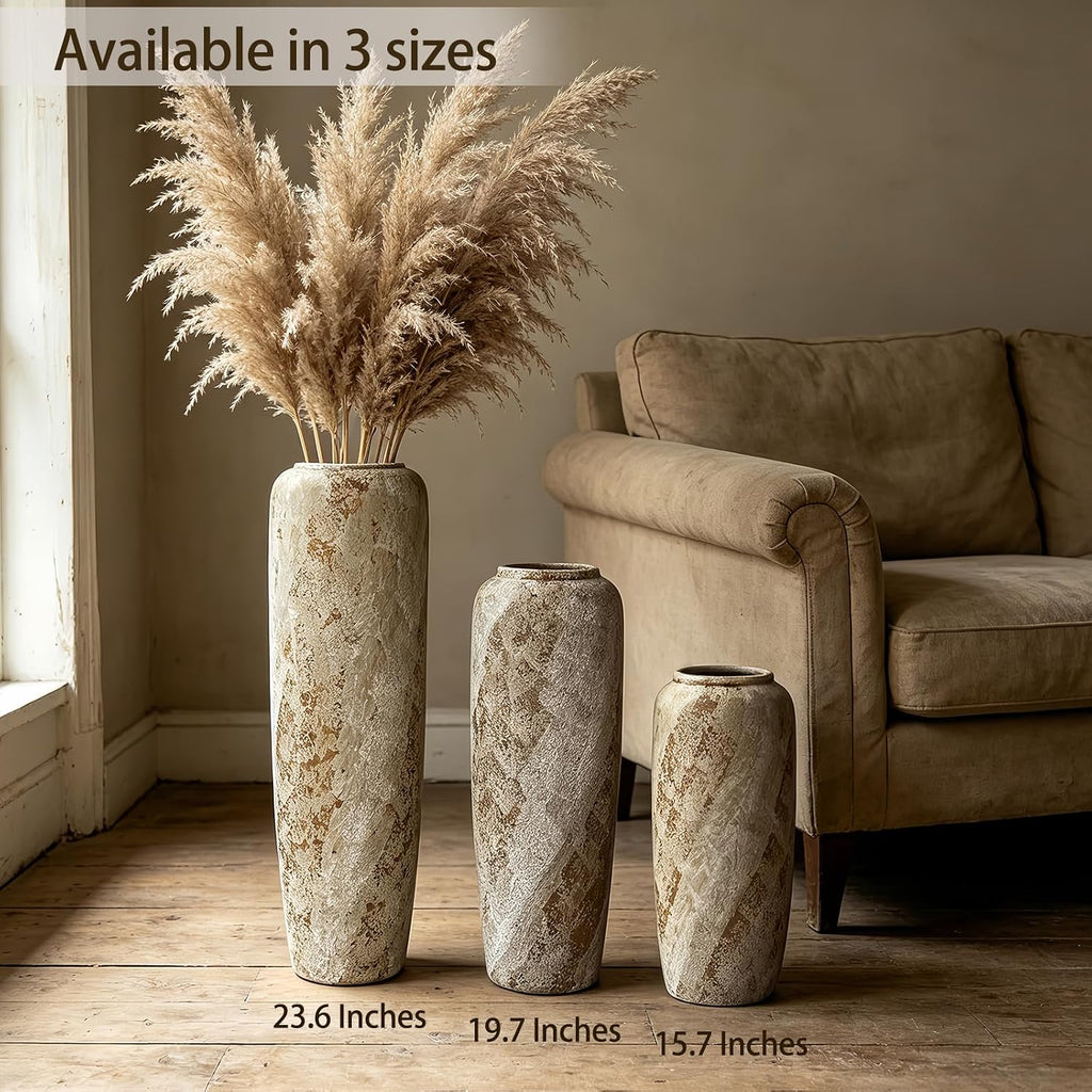 Rustic Oversized Ceramic Floor Vase – 23.6 Inch Handpainted Rustic Pottery Vase, Extra Tall Neutral Vases for Corner, Foyer & Large Floral Arrangements