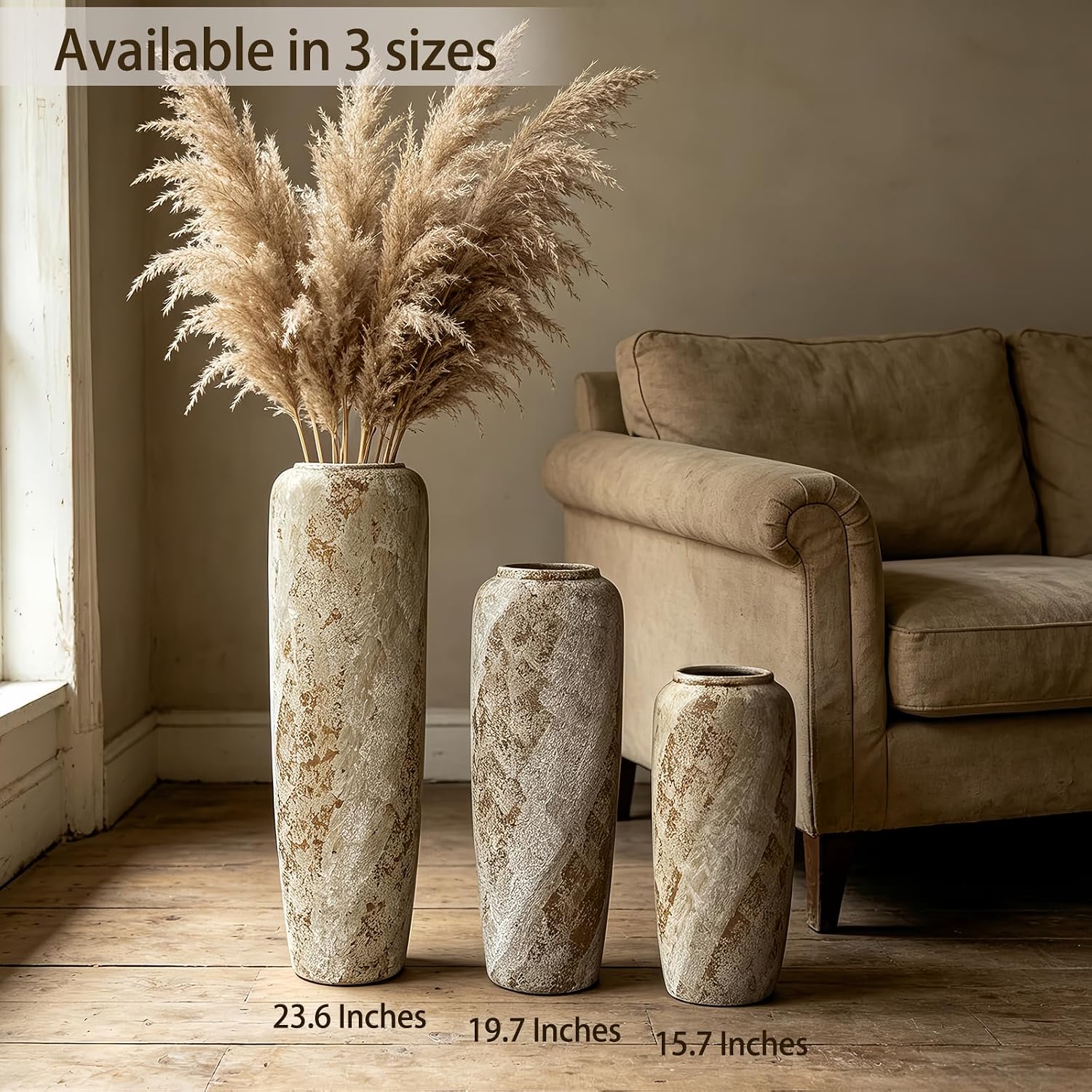 Rustic Oversized Ceramic Floor Vase – 23.6 Inch Handpainted Rustic Pottery Vase, Extra Tall Neutral Vases for Corner, Foyer & Large Floral Arrangements