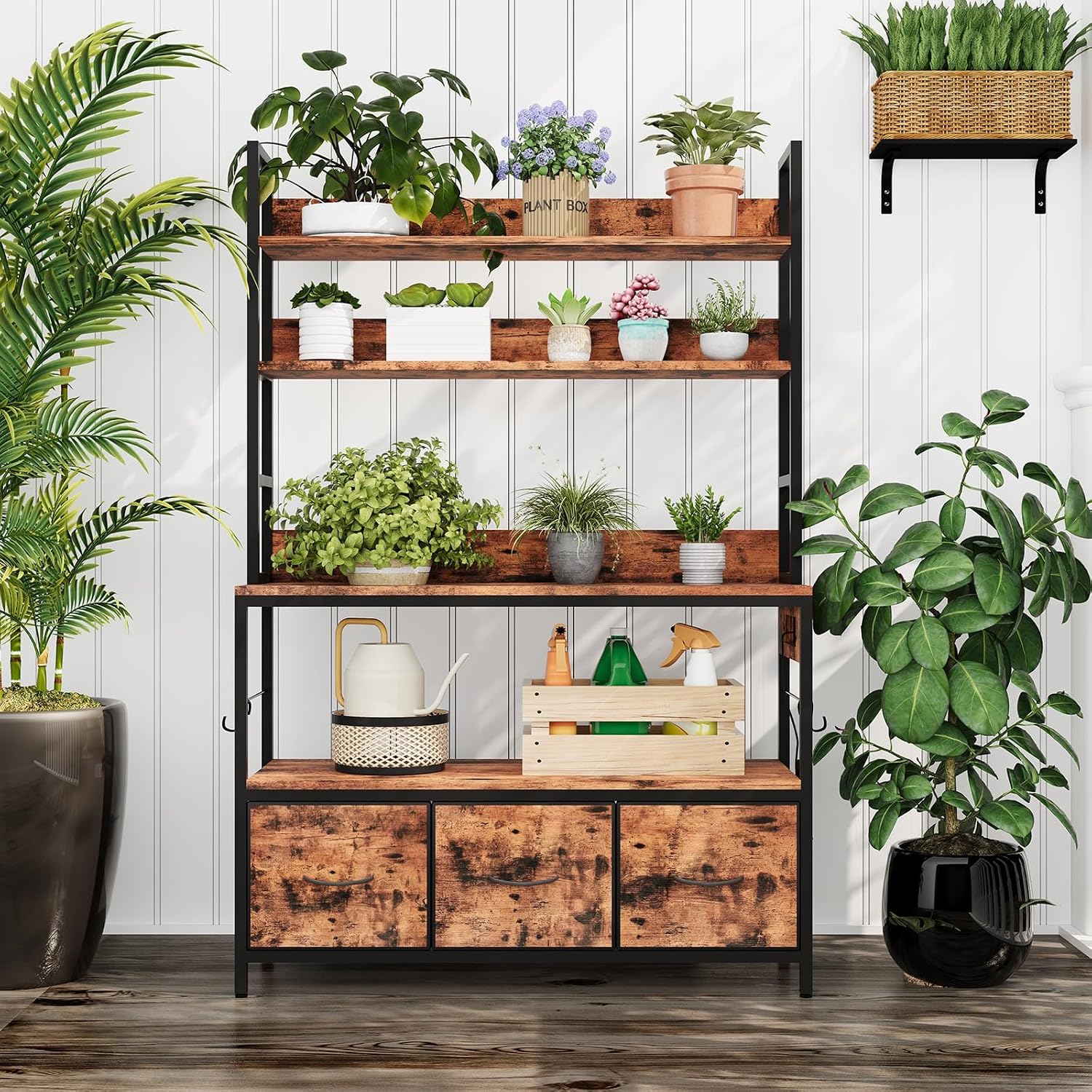 IDEALHOUSE 5 Tier Kitchen Bakers Rack with Charging Station & Drawers, Industrial Microwave Oven Stand, Freestanding Farmhouse Coffee Bar Station Utility Shelves with Hooks, Vintage Brown