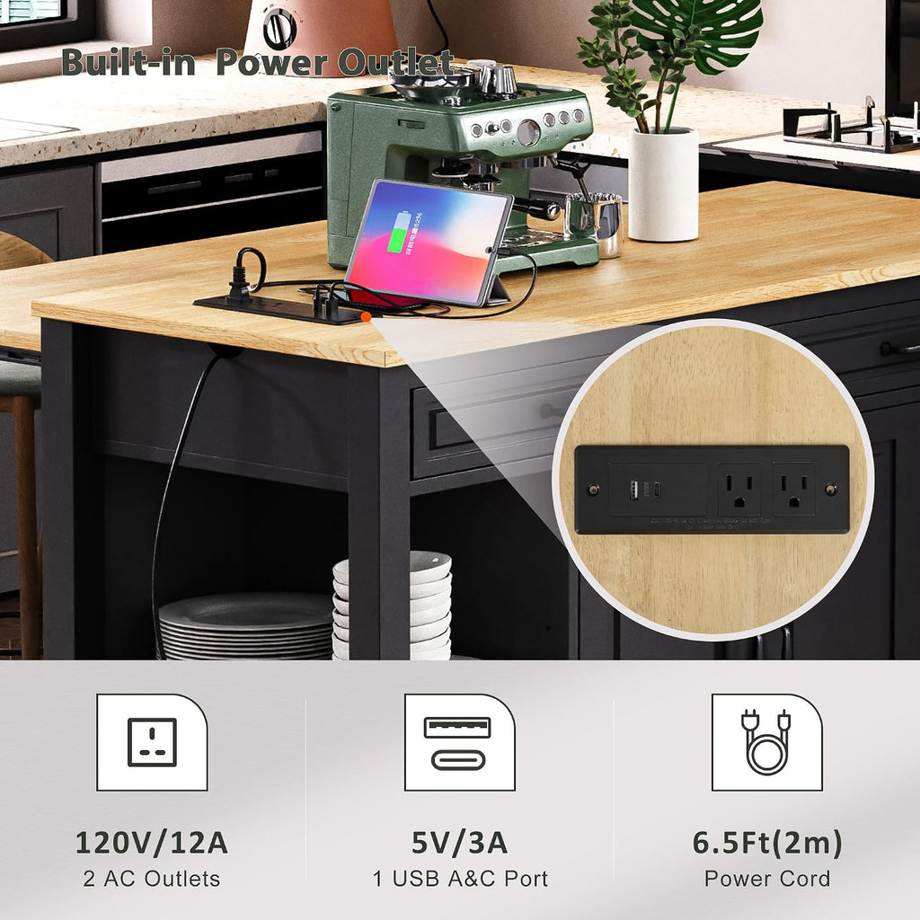 47' Kitchen Island with Extendable Dining Table, Rubber Wood Veneer Kitchen Table with Internal Storage Rack, Power Outlet, 2 Drawers, 2 Cabinet for Kitchen, Dining Room Black