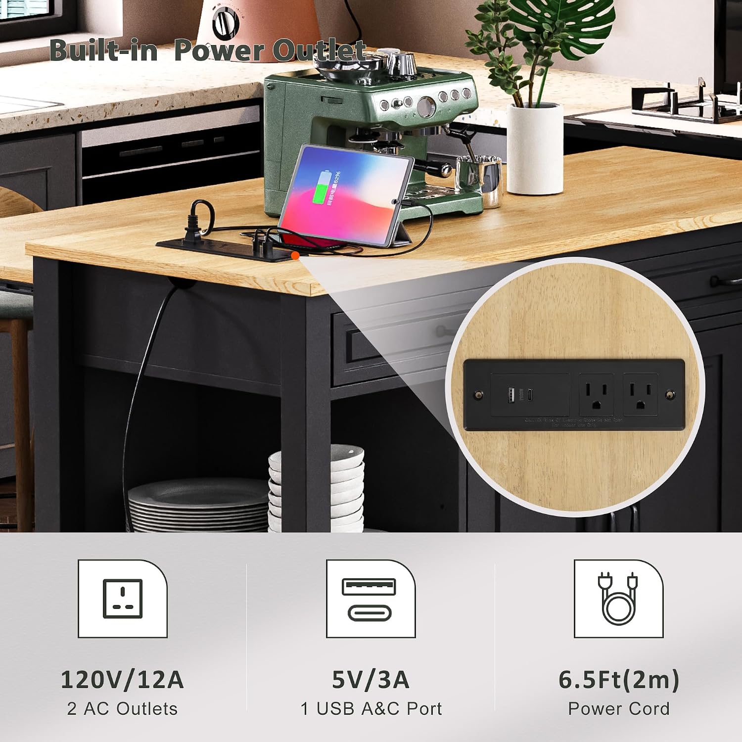 47' Kitchen Island with Extendable Dining Table, Rubber Wood Veneer Kitchen Table with Internal Storage Rack, Power Outlet, 2 Drawers, 2 Cabinet for Kitchen, Dining Room Black