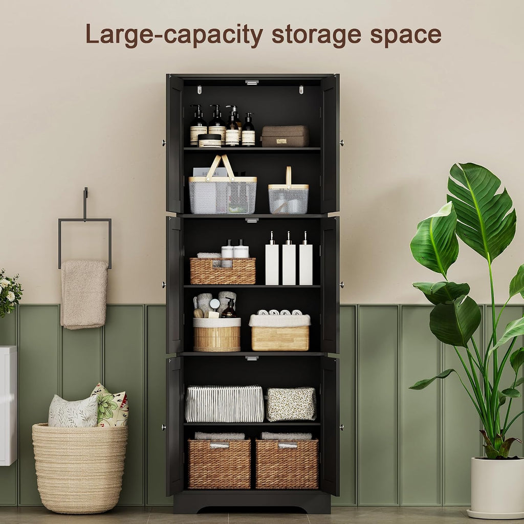 ChooChoo Tall Bathroom Storage Cabinet with 6 Doors, Freestanding Floor Cabinet with Adjustable Shelves, Black Pantry Cabinet for Bathroom, Kitchen, Laundry Room
