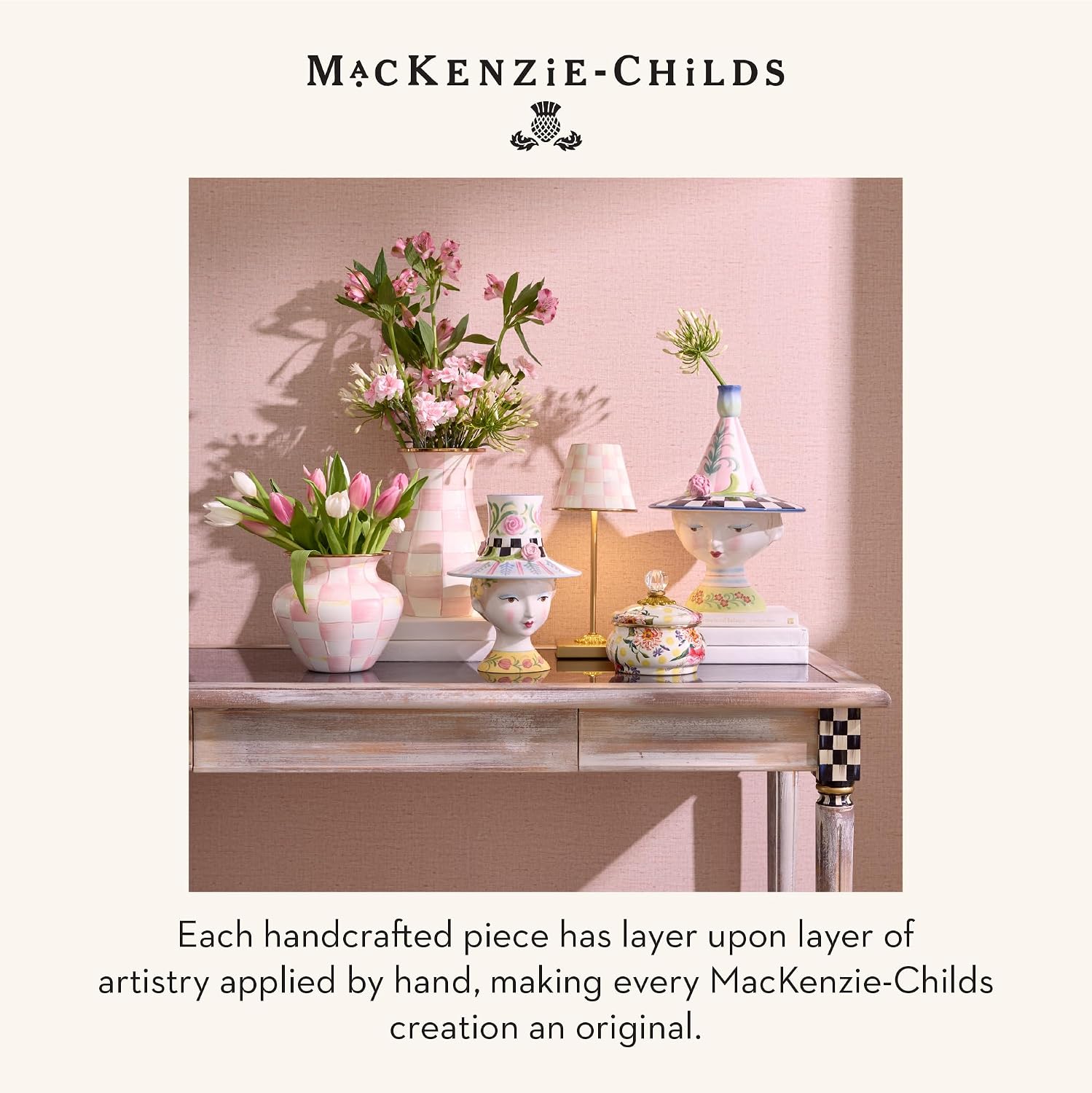 MACKENZIE-CHILDS Ceramic Handbag Vase, Unique Flower-Vase Decor, Pink-and-White Rosy Check Doodles
