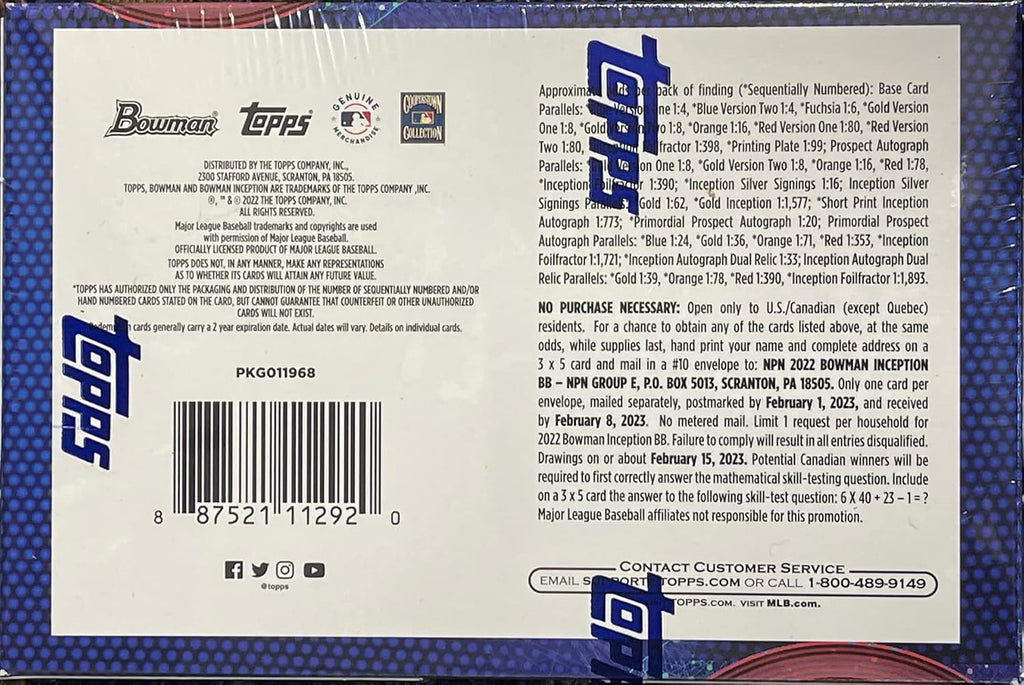 2022 Bowman Inception Baseball Hobby Box (1 Pack 7 Cards: 2 Autos)