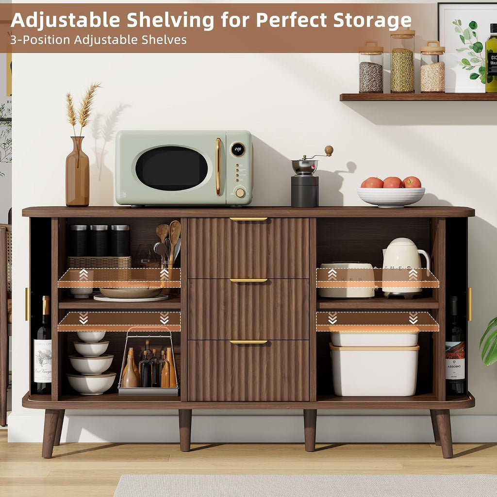 Lulive Walnut Buffet Cabinet, 55' Wide Sideboard Buffet Storage Cabinet with Rolling & Sliding Doors, Modern Bar Cabinet for Kitchen & Dining Room