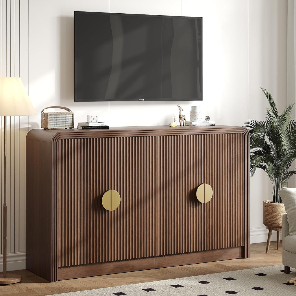 Decofy 55' Buffet Sideboard Cabinet, Mid Century Modern Console Cabinet with Wavy Grain Doors & Adjustable Shelves for Kitchen Cabinets, Living Room, Entryway, Coffee Bar Cabinet, Walnut