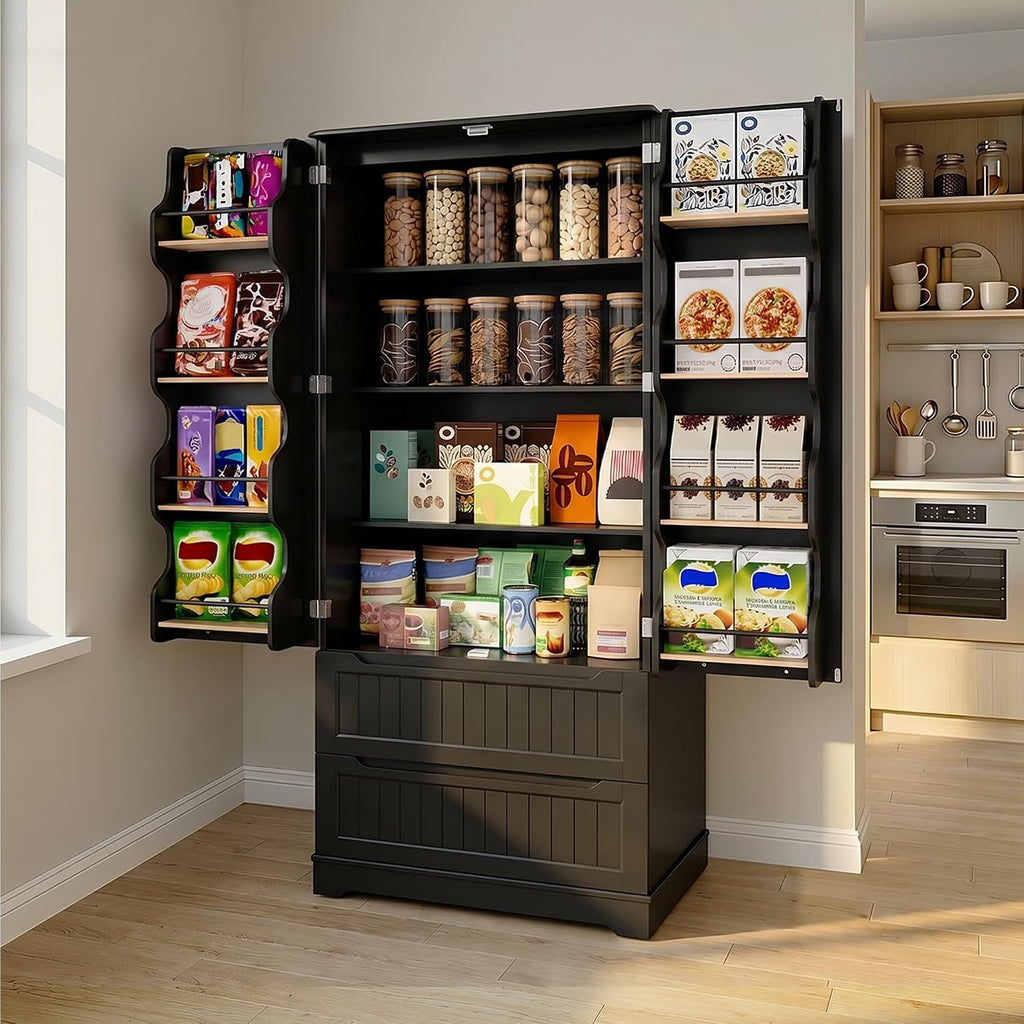 Gizoon 71' Tall Kitchen Pantry Cabinet with Drawers for Dining Room, Food Pantry Storage Cabinet with 8 Doors Shelves for Snack and Spice, Large Craft Storage Cabinet for Craft Room, Black, Painted