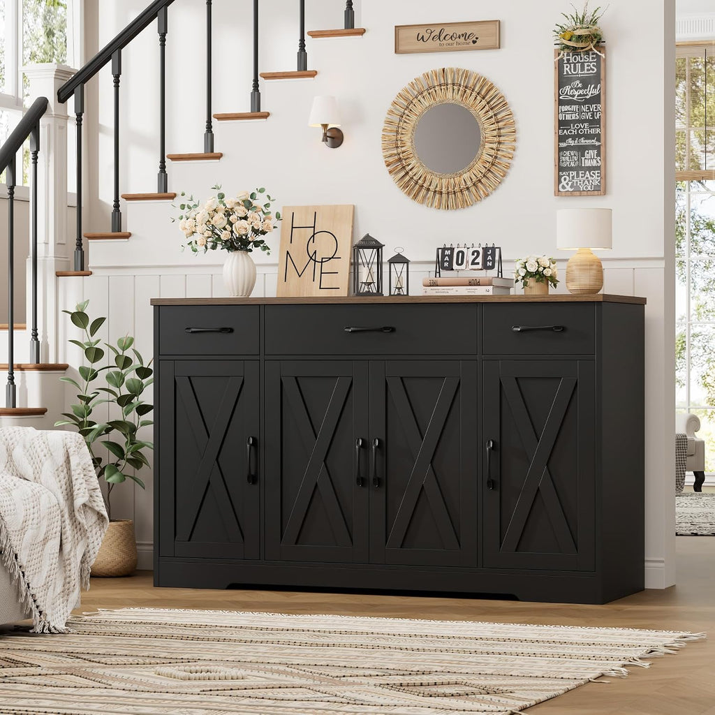 HOSTACK Buffet Sideboard Cabinet with Drawers, 55' Large Buffet Storage Cabinet with Shelves and Doors, Modern Farmhouse Coffee Bar Station for Kitchen, Dining Room, Black/Rustic Brown
