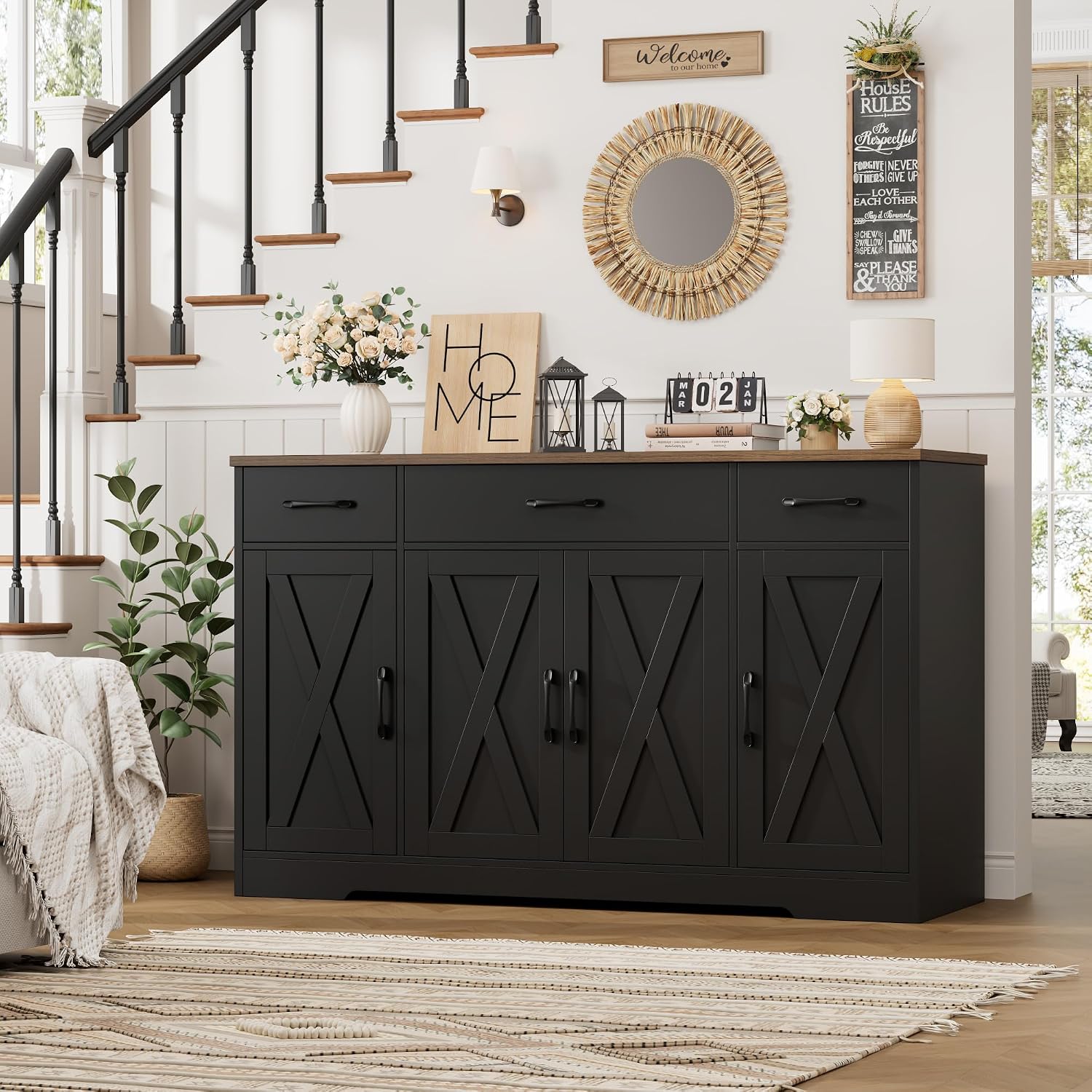 HOSTACK Buffet Sideboard Cabinet with Drawers, 55' Large Buffet Storage Cabinet with Shelves and Doors, Modern Farmhouse Coffee Bar Station for Kitchen, Dining Room, Black/Rustic Brown